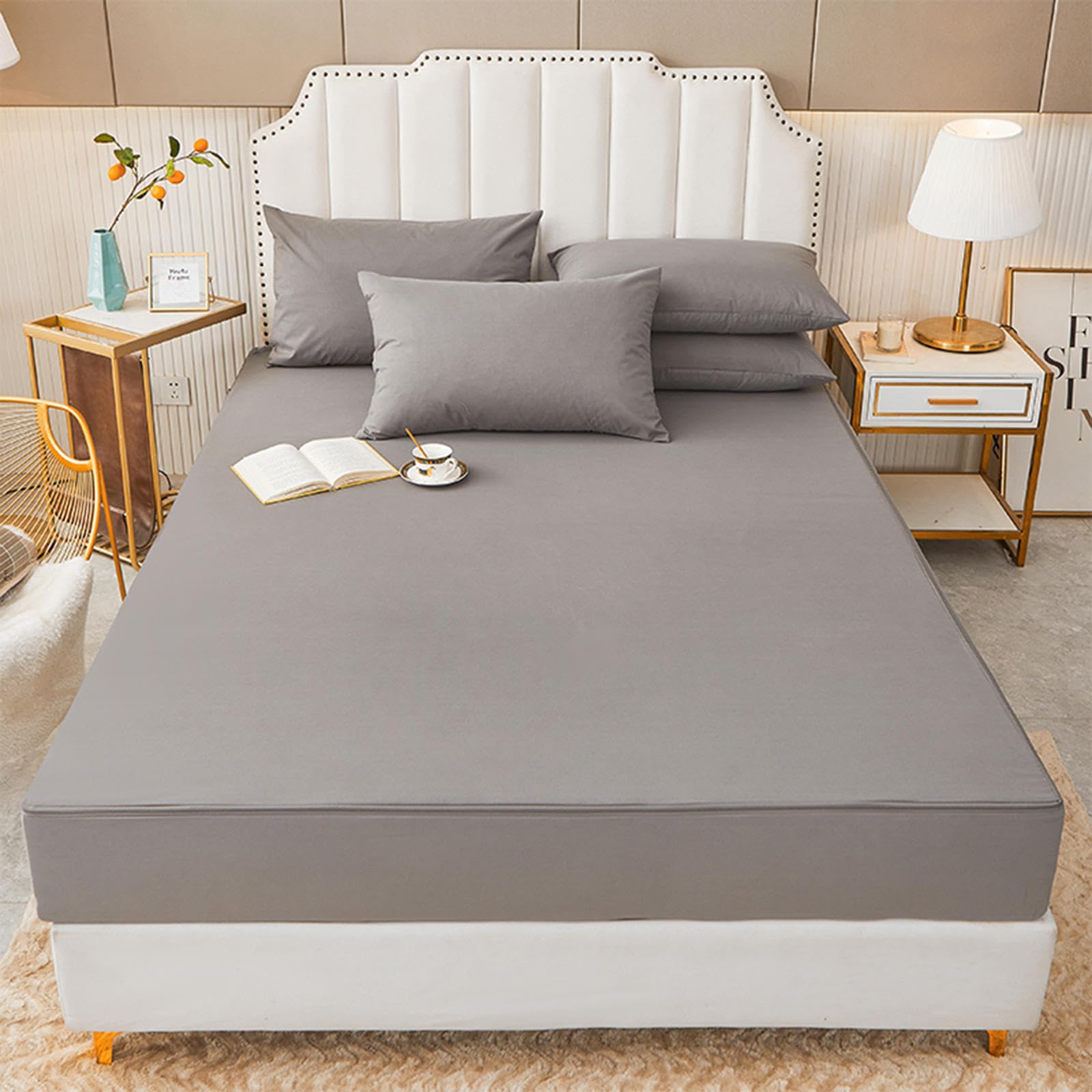 Sábana Ajustable con Cremallera, Protector de colchón, Impermeable, Transpirable, Antipolvo, Lavable, Funda de protección Total, Gris A-90 x 200 + 15 cm