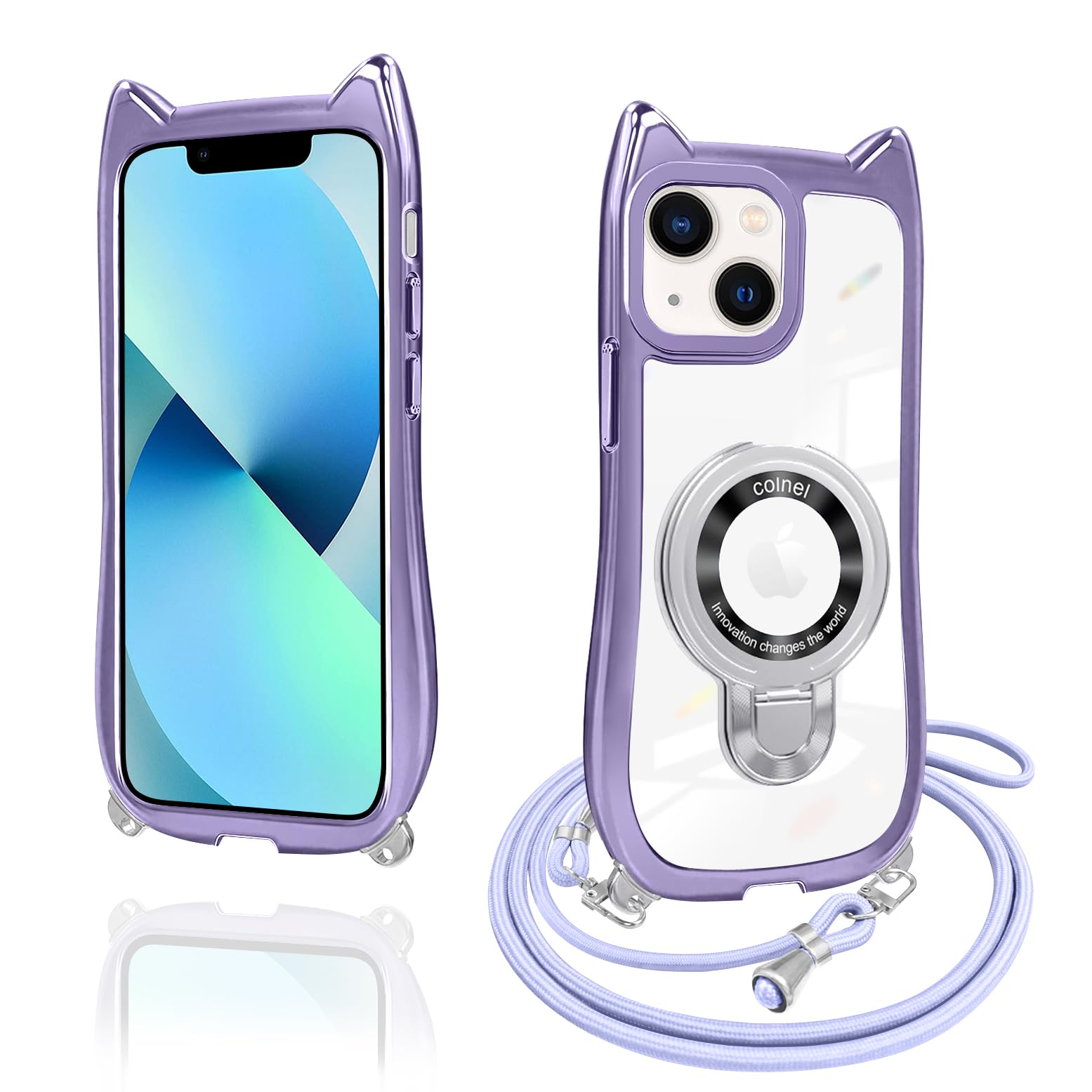 iPhone 13 ケース iPhone 14 ケース クリア リング付き 猫耳 ネコミミ TPU MagSafe対応 ワイヤレス充電 iphone 14 カバー 透明 アイフォン13 スマホケース ネック ショルダー 肩掛け 首掛け 斜めがけ 紐付き 長さ調整可能 韓国 かわいいファッション 耐衝撃 多機能 マグネット搭載 縦横両対応 車載対応 薄型 軽量 落下防止（パープル）