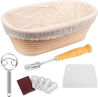 10 inch Bread Proofing Basket Set 100% Natural Bread Banneton Proofing Basket Oval Banneton Bowl Sourdough Bread Making Tools with Dough Whisk, Linen Liner Cloth, Dough Scraper, Bread Lame & Blades