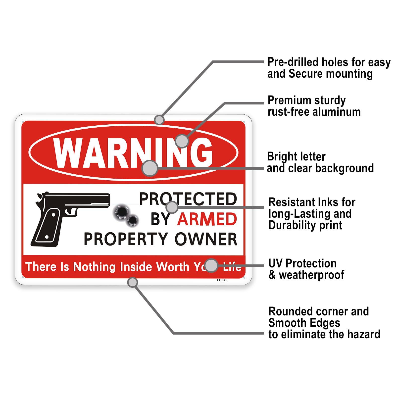 2 letreros de pistola de 10 x 7 pulgadas con texto en inglés "The Owner of This Property is Armed", no hay nada interior digno de arriesgar tu vida, letrero reflectante de aluminio libre de