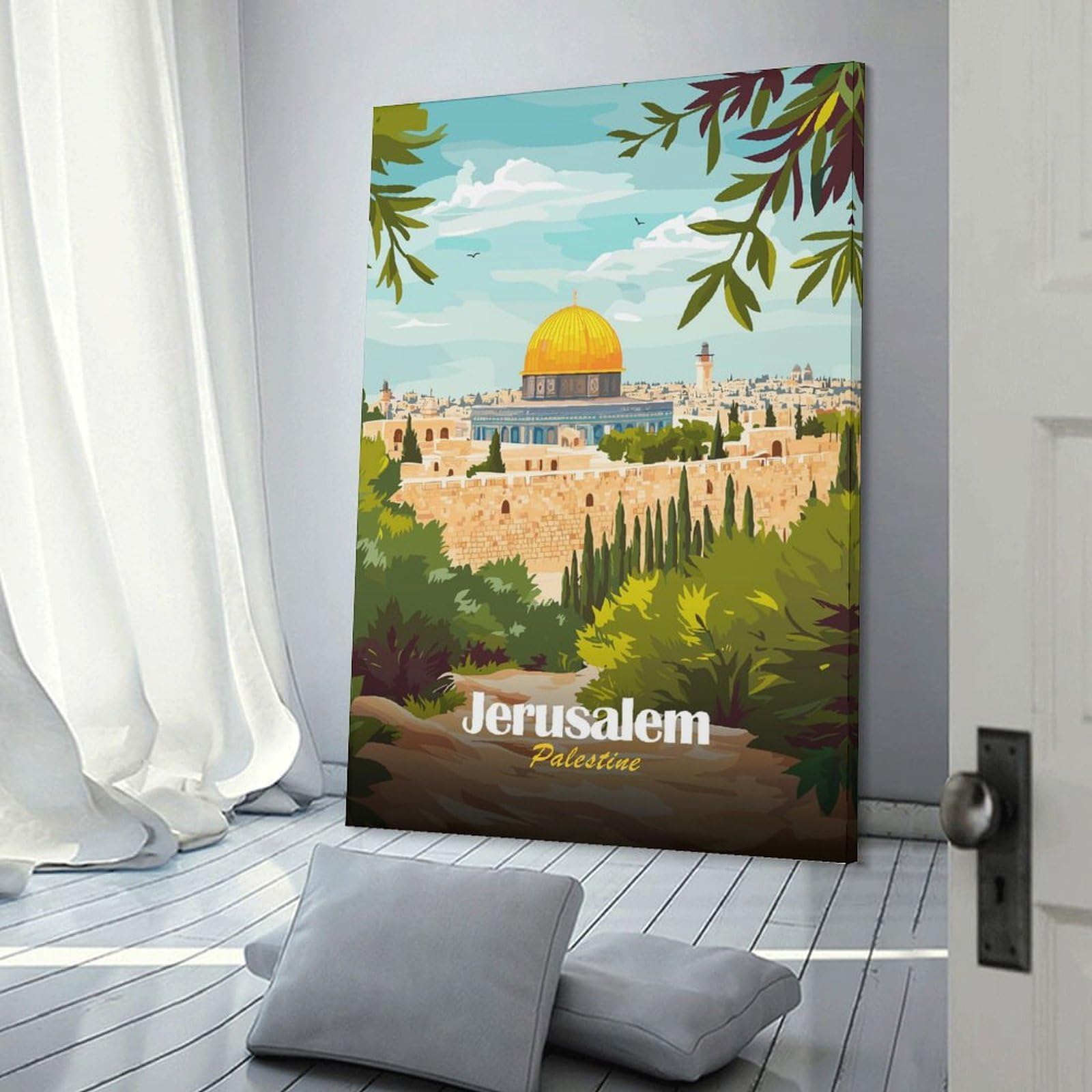 Junmoney Jerusalem, Palestine Illustration Home Decor Wall Art, 24x36inch(60x90cm), for Flats, Guest Rooms Or Compact Rooms, Stylish Wall Art for Fresh Spaces