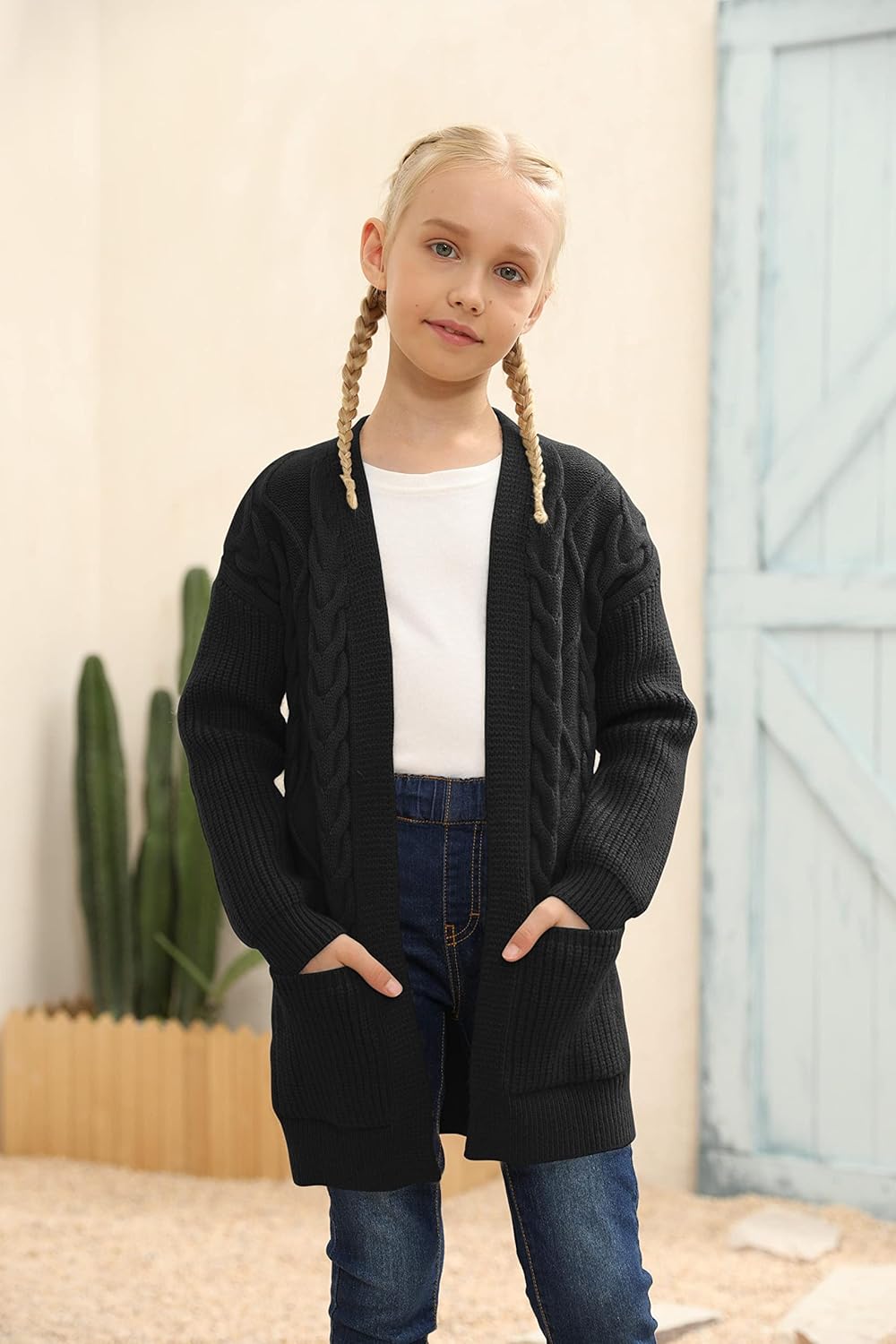 Ermonn Girls Kids Open Front Cardigans Sweaters Long Sleeve Knit Cute Sweater Outwears with Pockets for 5-14 Years - Image 2