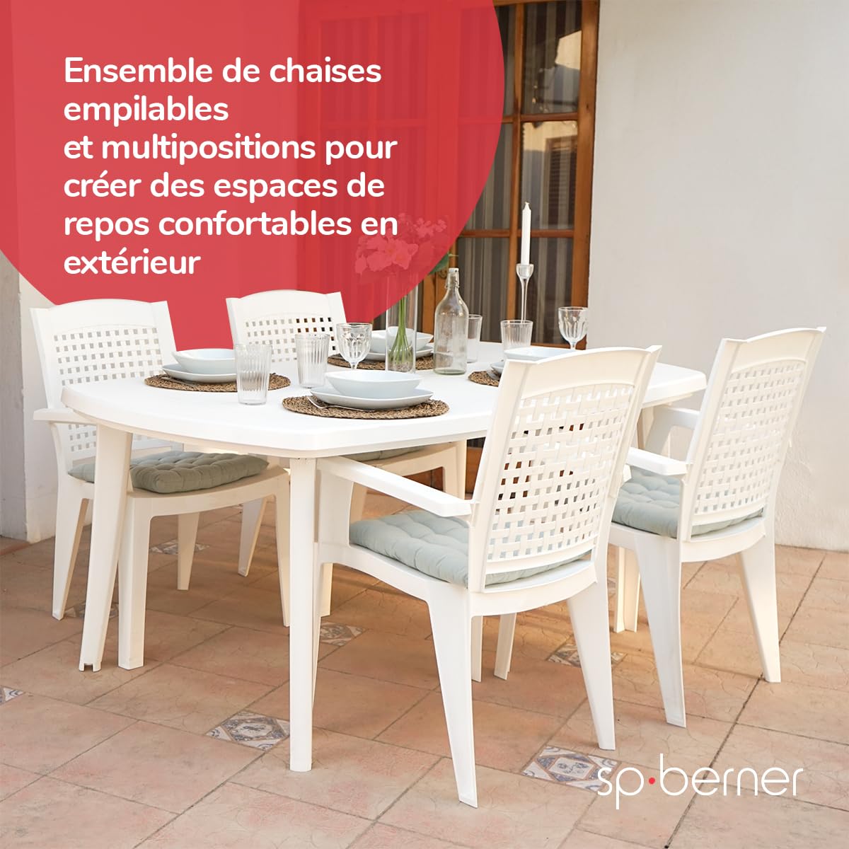 SP Berner SHAF - Lot de 4 chaises - Jardin extérieur et terrasse - Plastique recyclé résistant aux UV - Empilables - Modèle métal - Blanc