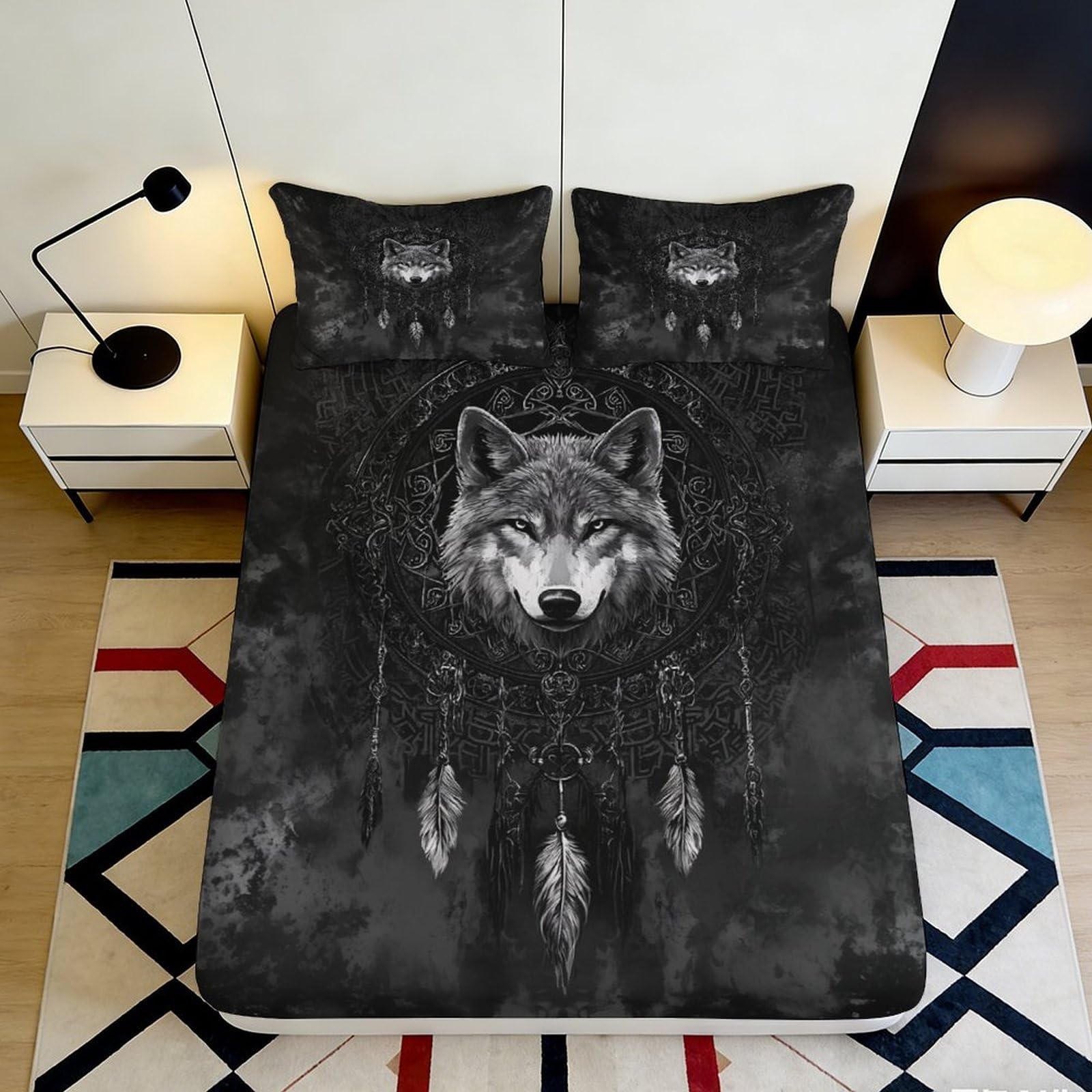 Pnayamiorkfel Style-8 3D Printed Wolf Dreamcatcher Fitted Sheet Microfiber Black Bed Cover For Bedroom Decor Dorm Mattress Protection 90X200x25cm