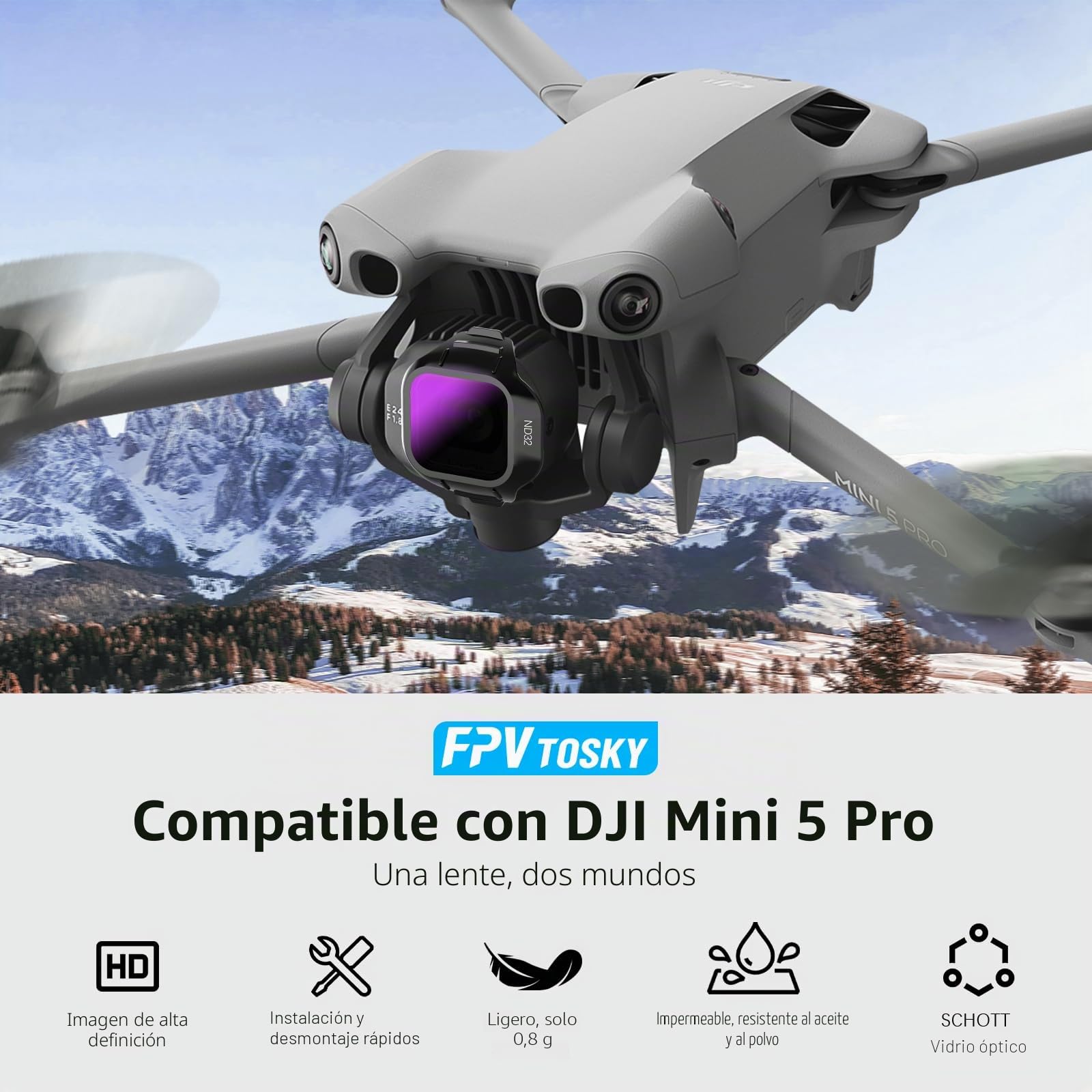 FPVtosky Mini 5 Pro ND Filter Set, filtros ND Multicapa, Conjunto de filtros CPL para Accesorios de Drones dji Mini 5 Pro, 6 Piezas (CPL, ND16, ND32, ND64, ND128, ND256)