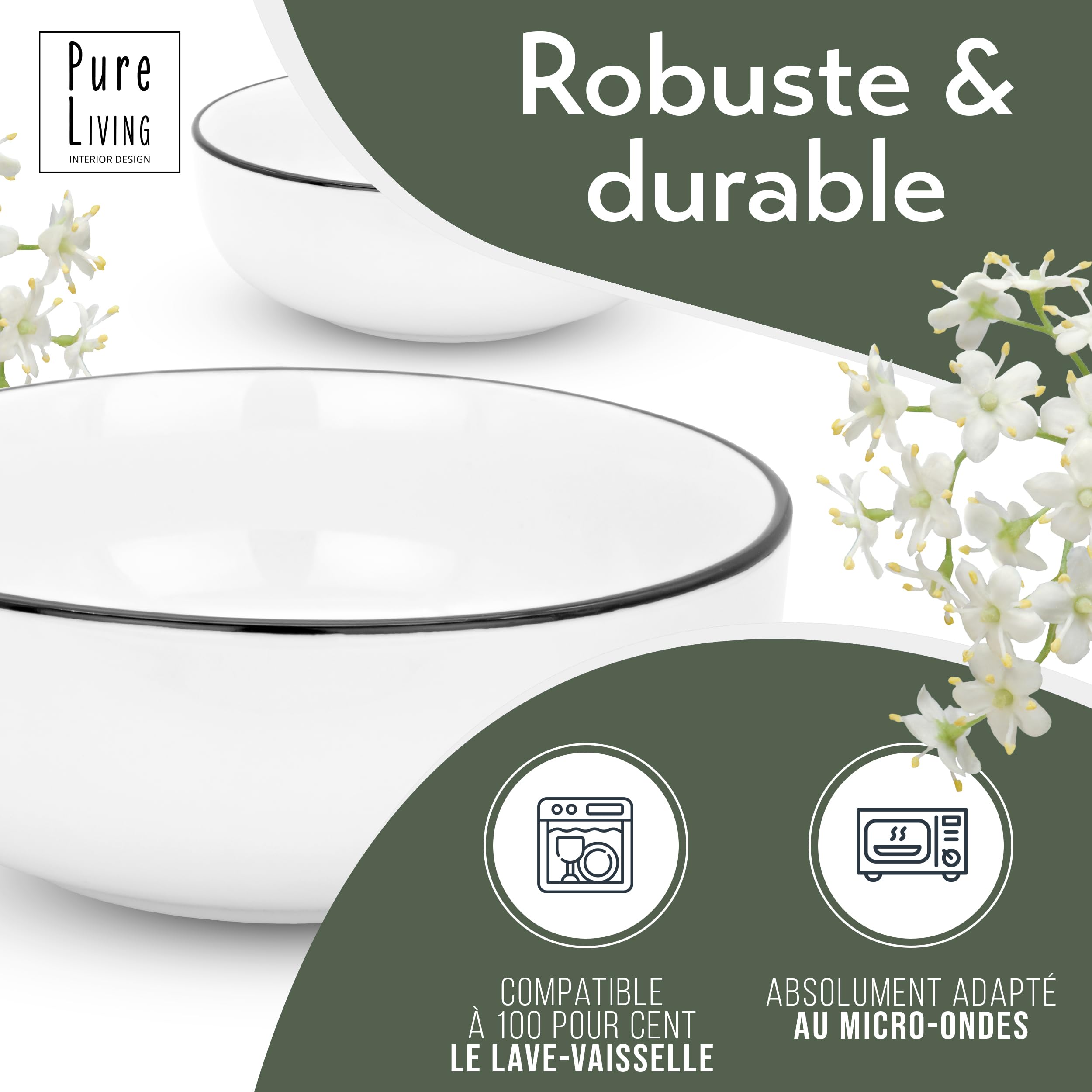Ensemble 6 Bols Porcelaine Scandi - Design Scandinave, résistentes au Lave-vaisselle - Pure Living Blanc - Bol, Assiette Creuse, Petit Dejeuner - Idéal pour Muesli, Soup, Desserts, Service de Table.