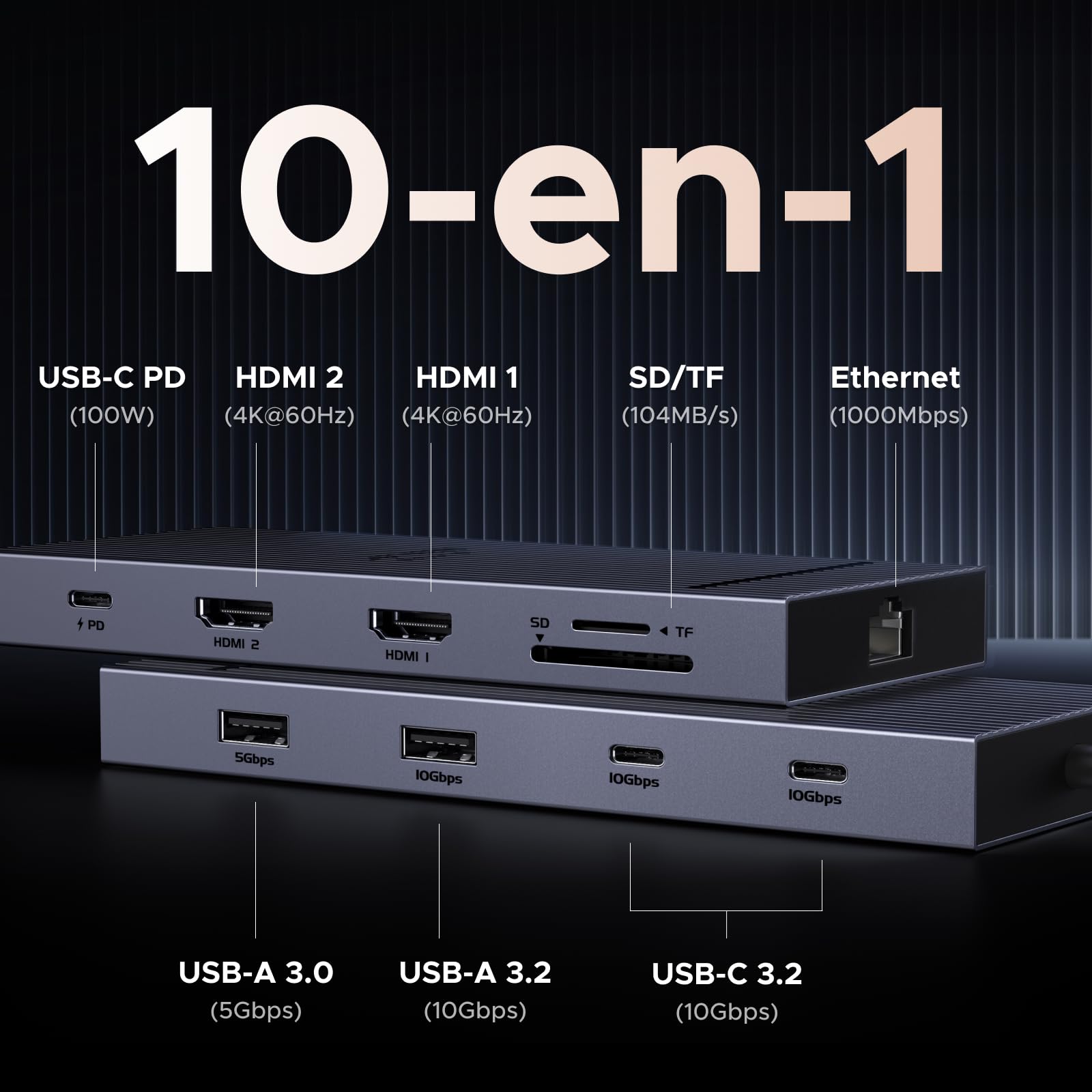 UGREEN Revodok Pro 2102 Docking Station USB C Double HDMI 4K 60Hz 10 en 1 Hub USB C 10Gbps Adaptateur Ethernet Gigabit PD 100W Charge Lecteur de Carte SD TF Multi Data Ports
