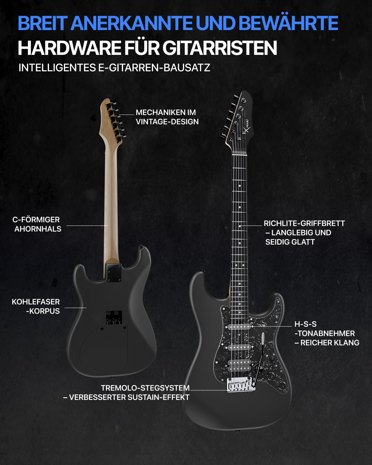 ENYA XMARI Smarte E-Gitarre set mit Verstärker, integrierten Effekten | Kohlefaser-Korpus, USB-C-Aufnahme, Kopfhörerausgang, 39-Zoll-Komplettset mit Gigbag, App-Steuerung – ideal für leises Üben.