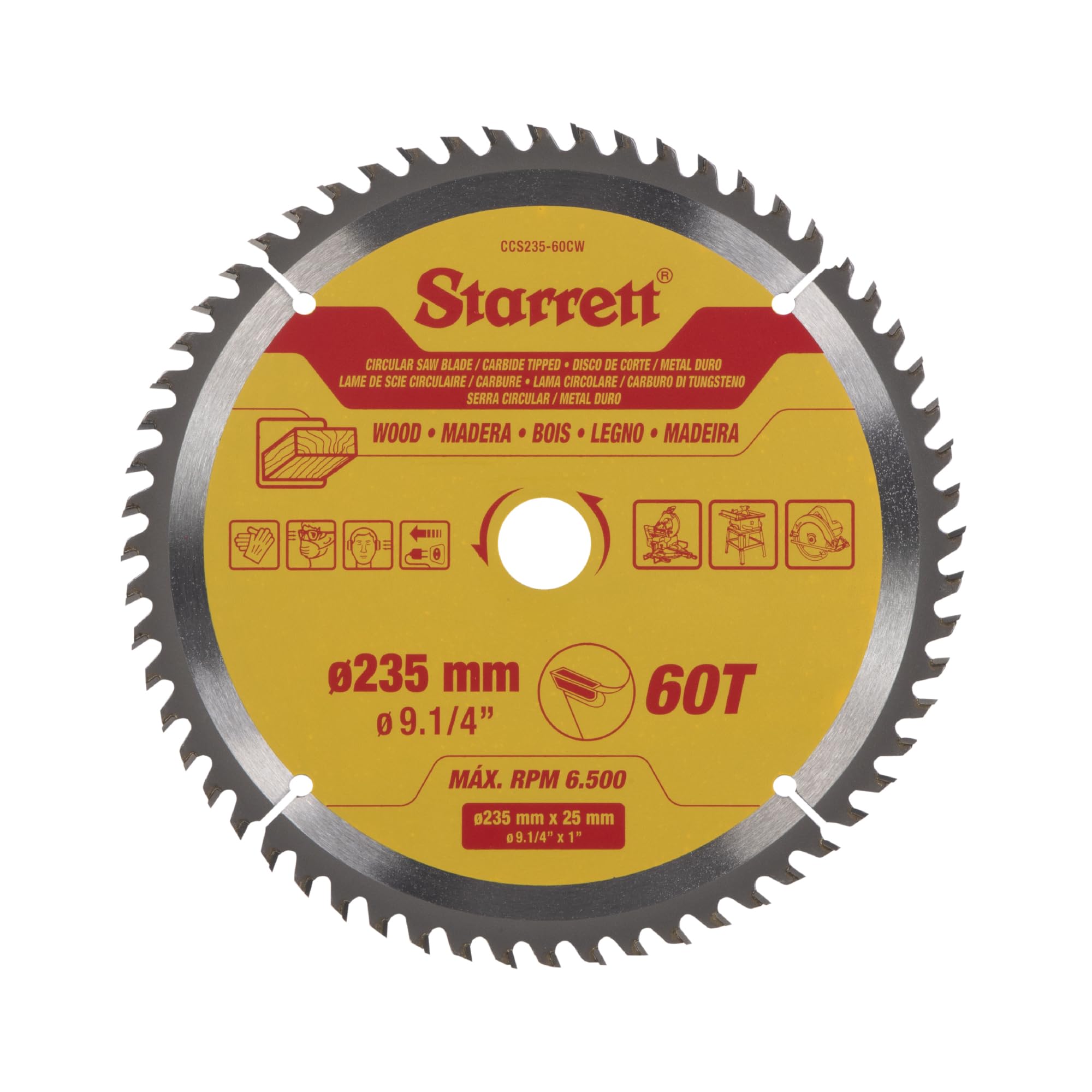 Starrett Lame de scie circulaire TCT 235 mm pour bois, 60 dents, alésage 16/19/25 mm