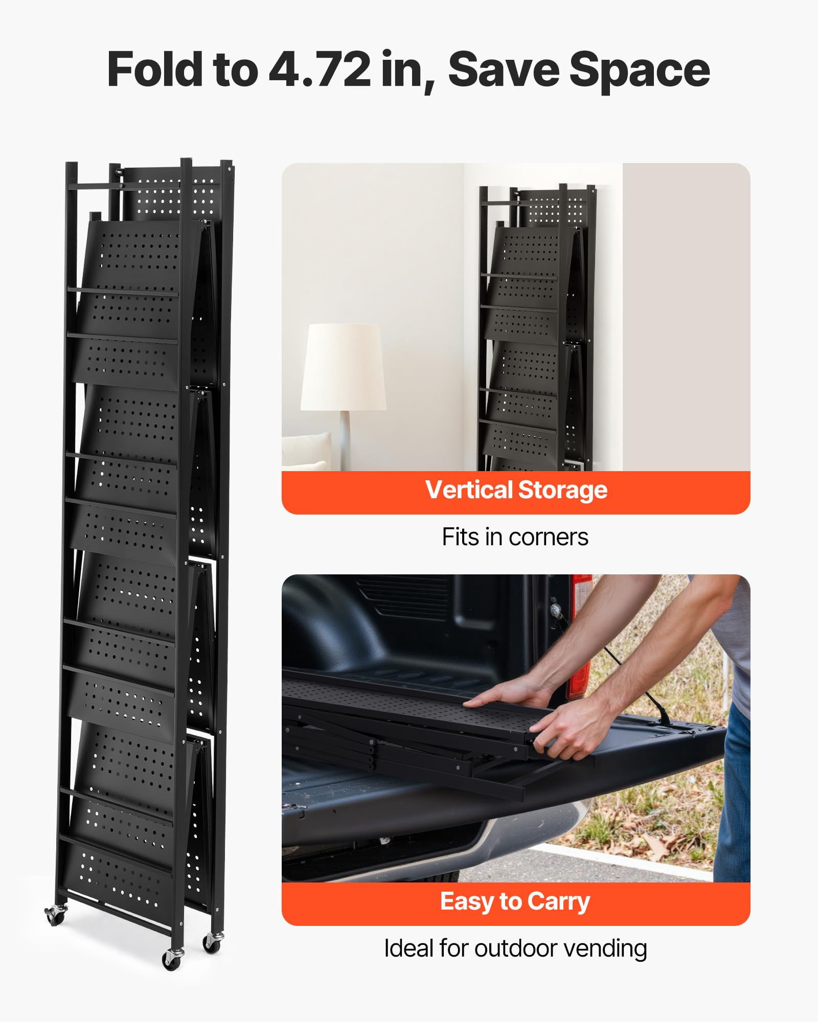 VEVOR Scaffale Portaoggetti Pieghevole a 5 Ripiani con Ruote, 360 x 810 x 1830 mm, Scaffale in Metallo Pieghevole, Robusto Resistente Senza Montaggio, per Garage, Cucina, Cantina Nero