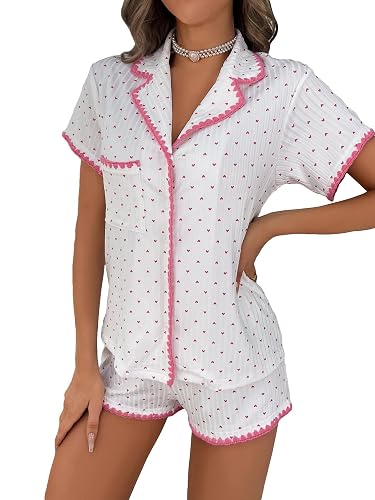SHENHE Women's Cute 2 Piece Button Up Short Sleeve Top and Shorts Summer Pajamas Set