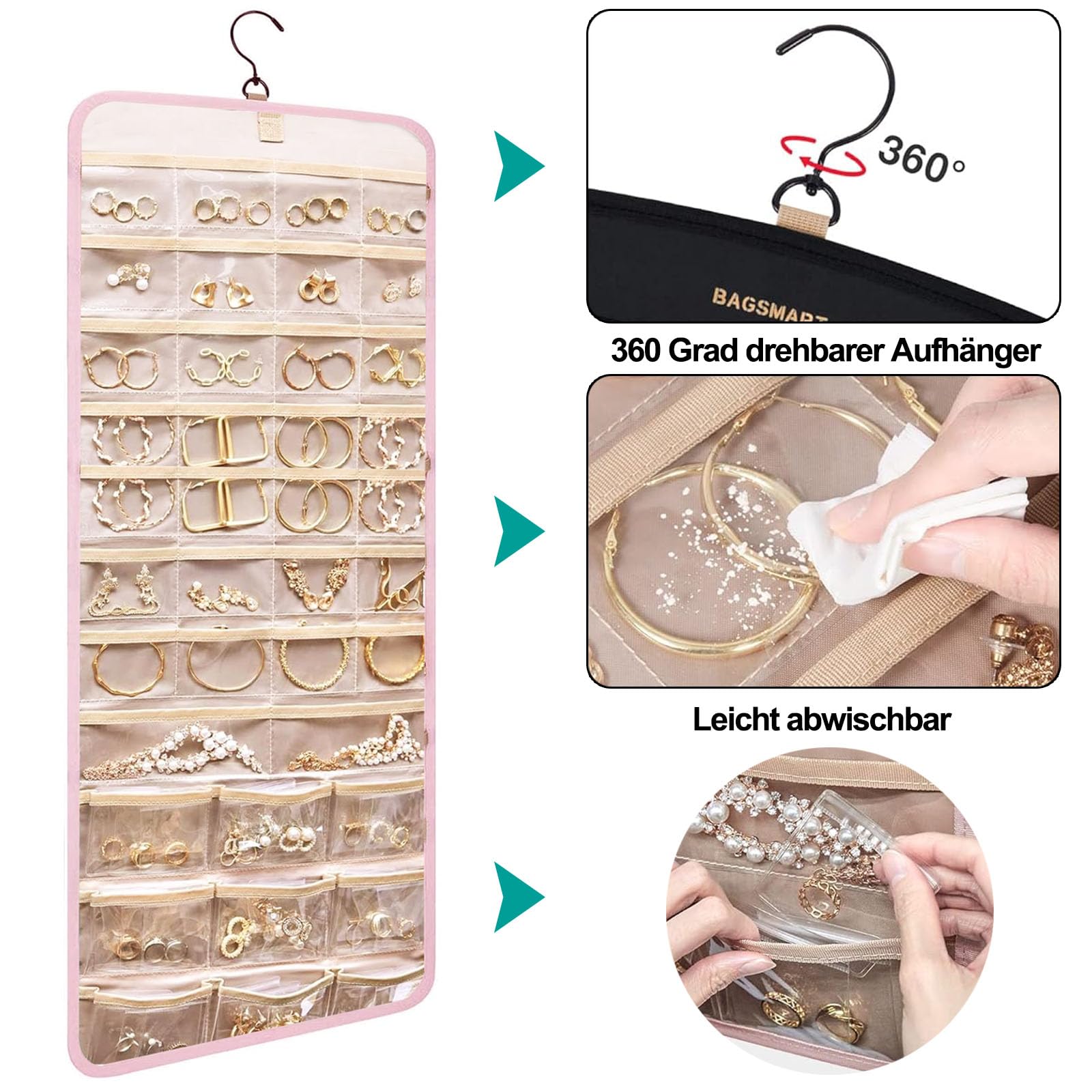 Hanging Jewelry Organizer per Armadio, Organizer per Gioielli Appeso, Organizzatore di Gioielli da Appendere, Storage Doppia Faccia per Gioielli, con 39 Scomparti e 3 Ganci a Forma di Onda, Rosa