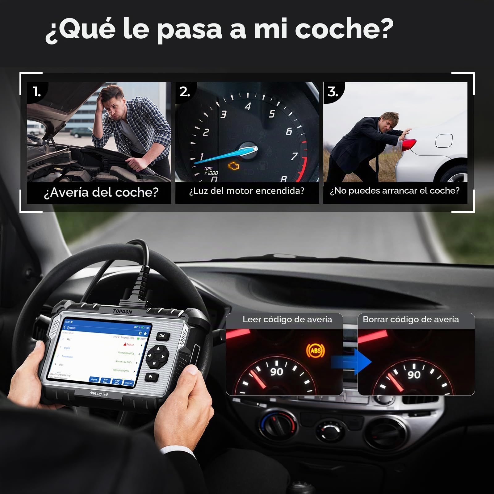 TOPDON AD500 OBD2 diagnosis coche multimarca con 4 Sistemas y 6 Funciones de Reinicio, Sistema de Motor ABS SRS Transmisión, reinicio para aceite/SAS/TPMS/ETS/BMS/freno, Actualización gratuita de WiFi