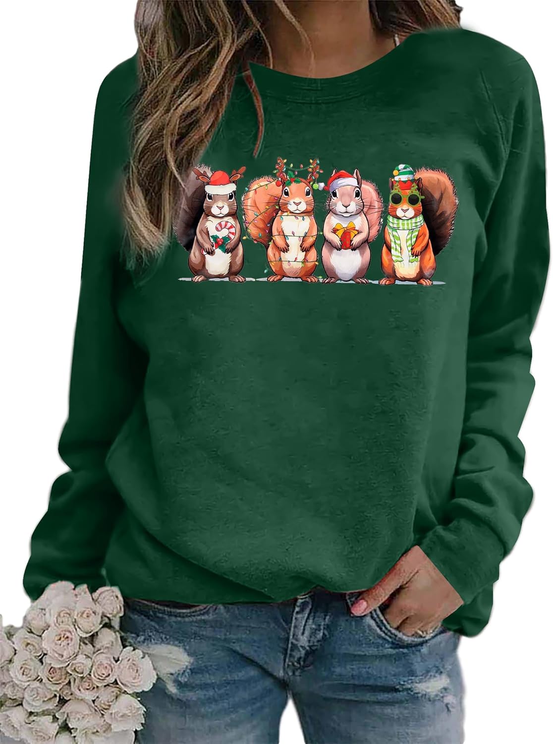 JINTING Christmas Sweatshirts for Women Squirrel Christmas Lights Sweatshirt Cute Xmas Graphic Long Sleeve Pullover - Image 5
