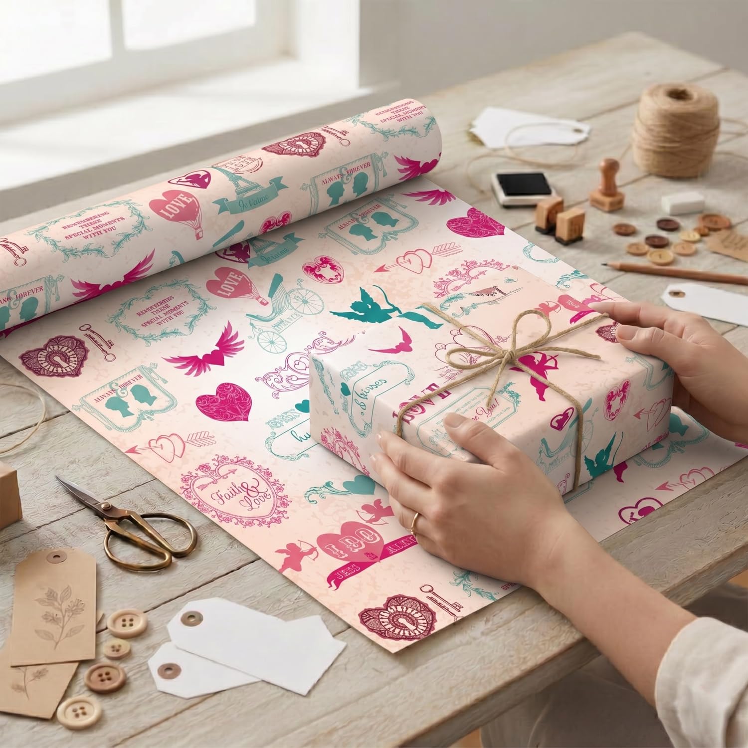 Rotolo di carta regalo Love Vintage, 31 cm x 80 m, bobina grande resistente, per San Valentino, regali di nozze, negozi FP Fiesta Paper