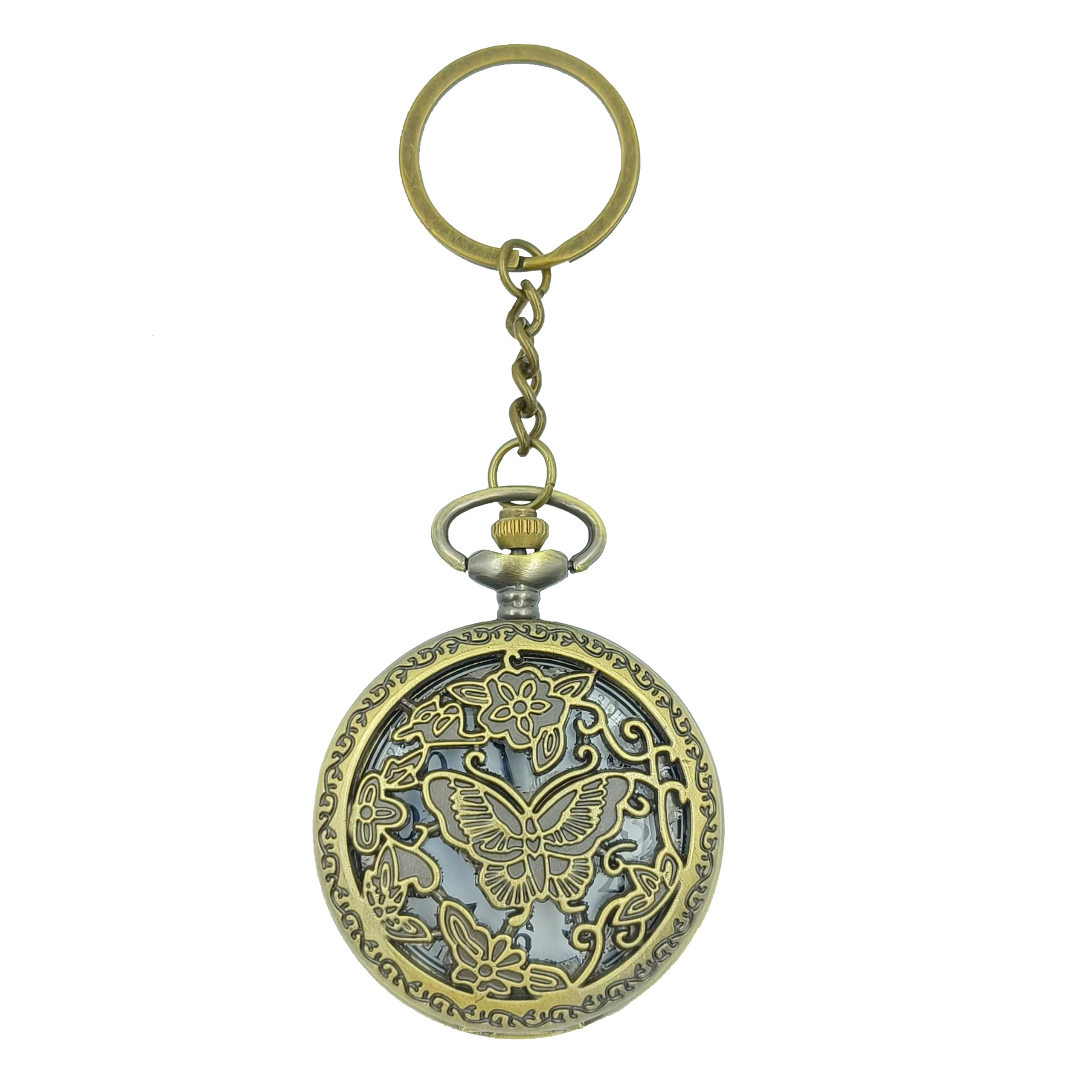 Premium Pocket Watch Butterfly Antique Key Chain Vintage Bronze Analog Pocket Watch Stainless Steel Metal Car Bike Home Keychain with Key Ring Anti Rust Gift for Men & Women