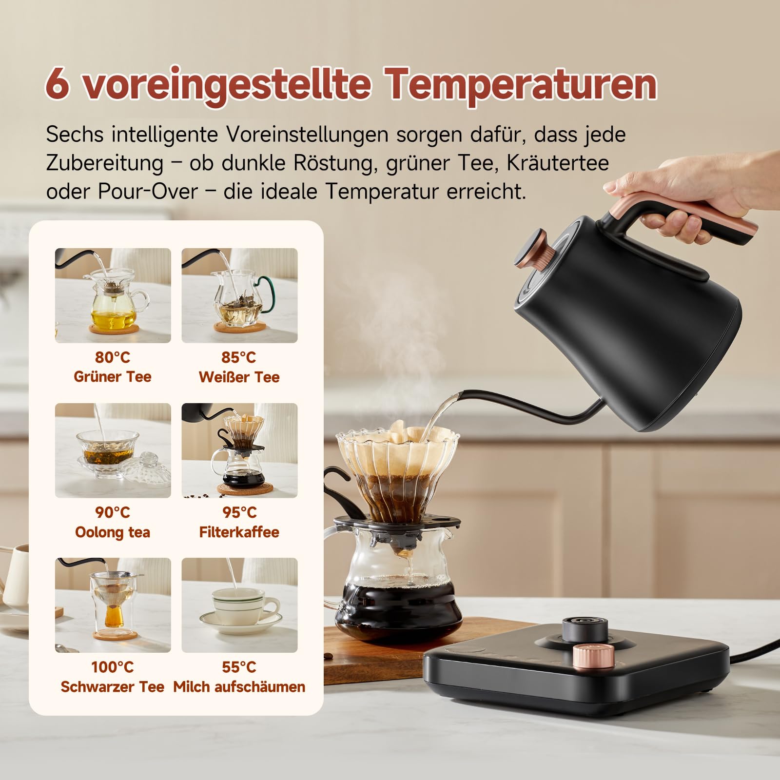 OLEGA wasserkocher schwanenhals: 1200W wasserkocher mit temperatureinstellung, 0.8L Edelstahl schwanenhals wasser kocher, LED-Anzeige & Warmhaltefunktion kettle, Geeignet für Kaffee und Tee, schwarz