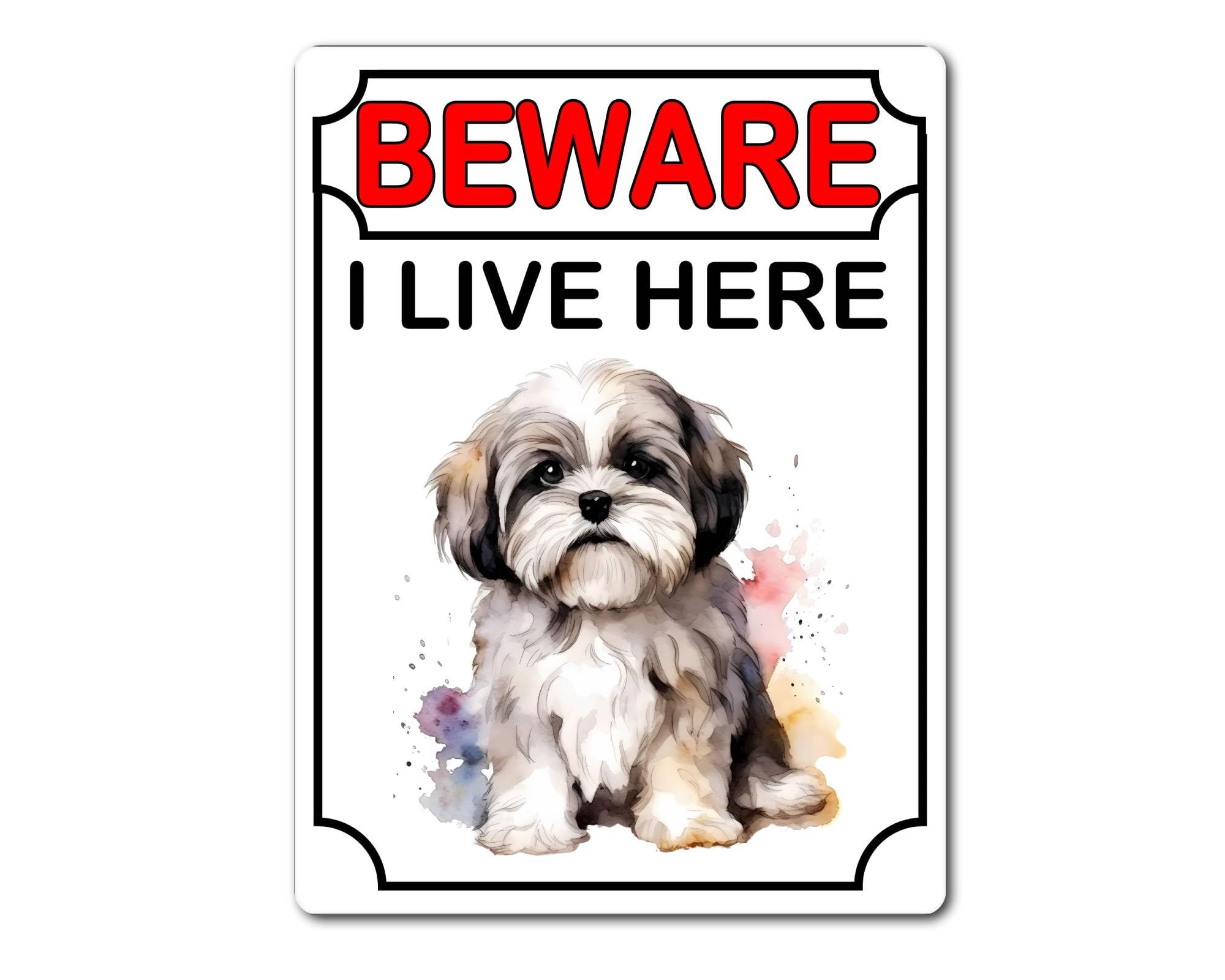 Lhasa Apso Metal Sign Gift – Beware I Live Here - Cute Fun Dog Novelty Aluminium Present