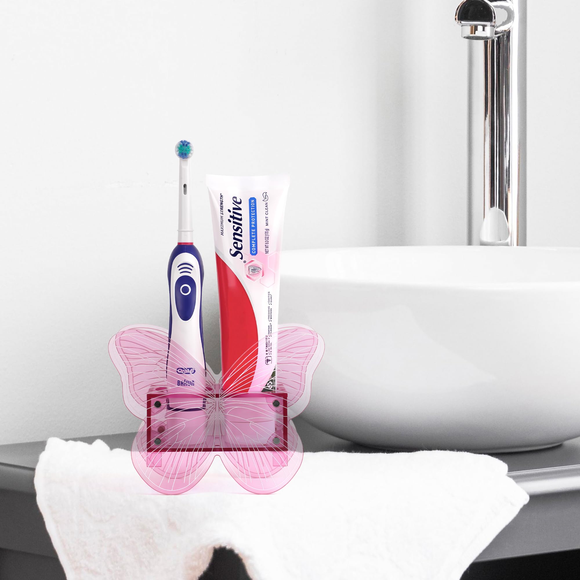 Biiange Pink Magnetic Toothbrush Holder – Butterfly Acrylic Stand With Drain Holes For Electric Toothbrush & Paste - View #5