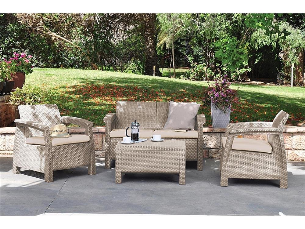 Keter Salottino da Giardino Corfu, Composto da Due Poltrone, Divano e Tavolino, Cuscini Inclusi, Cappuccino