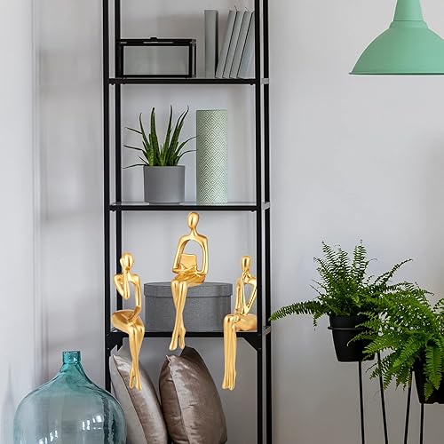 Miniatura 2 de Estatua de pensador sentado dorada, escultura abstracta, 3 piezas, estatuas de pensador, figuras coleccionables, decoración de estante de libro,