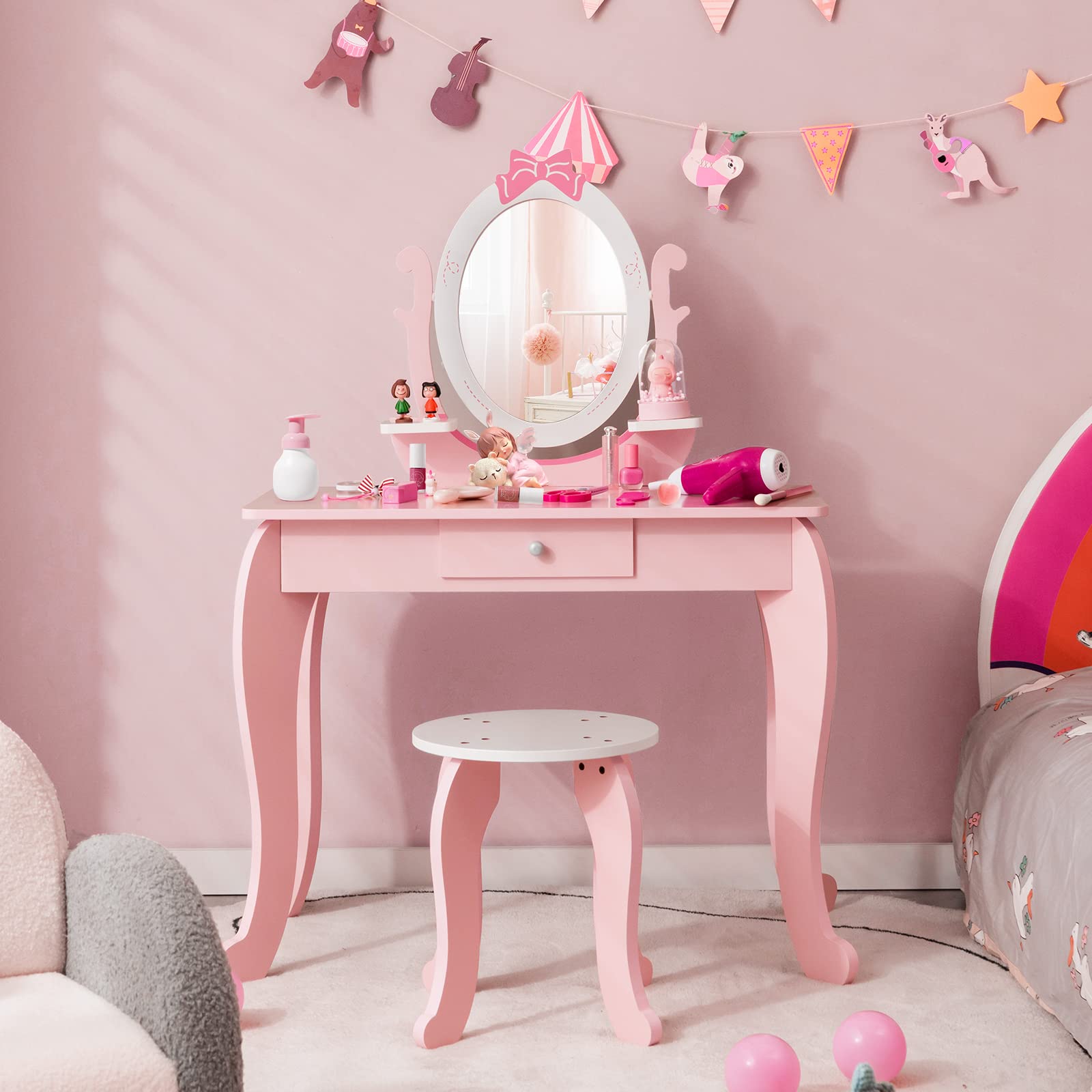 RELAX4LIFE 2 in 1 Toeletta Trucco Bambina con Specchio e Sgabello, Set Tavolo da Trucco con Specchio Rimovibile, Centro di Bellezza, Giocattolo da Trucco per Bambini dai 3 ai 7 Anni