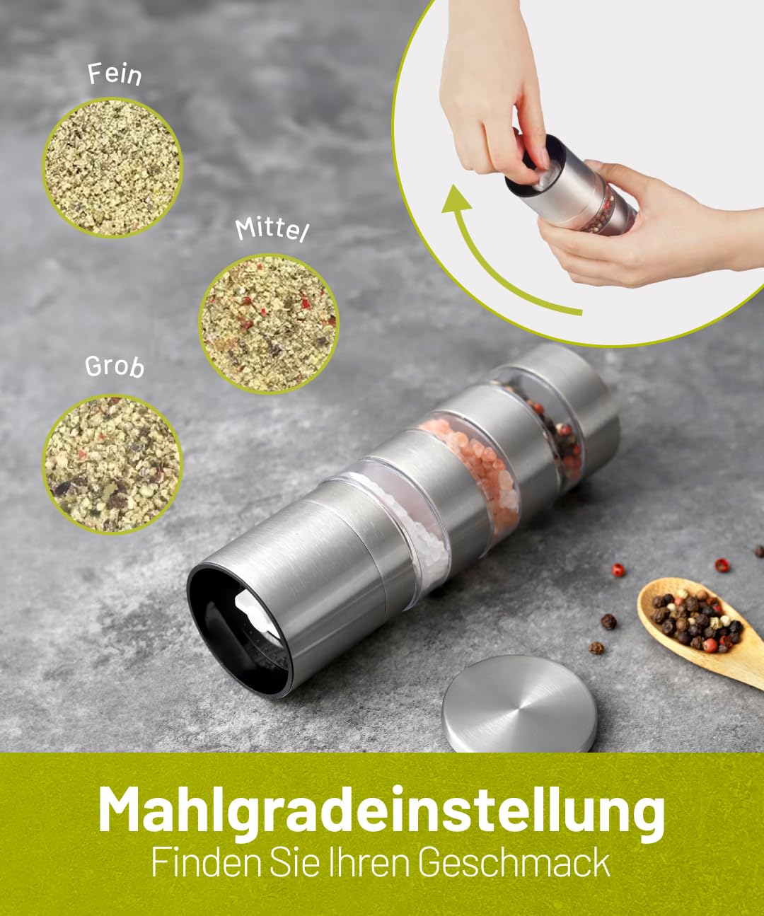 Modulare Salz und pfeffermühle 2 in 1 mit 3 Kammern – Edelstahl Salz Pfeffer Mühle & Gewürzmühle - Pfeffer- und Salzmühle, nachfüllbar & modern