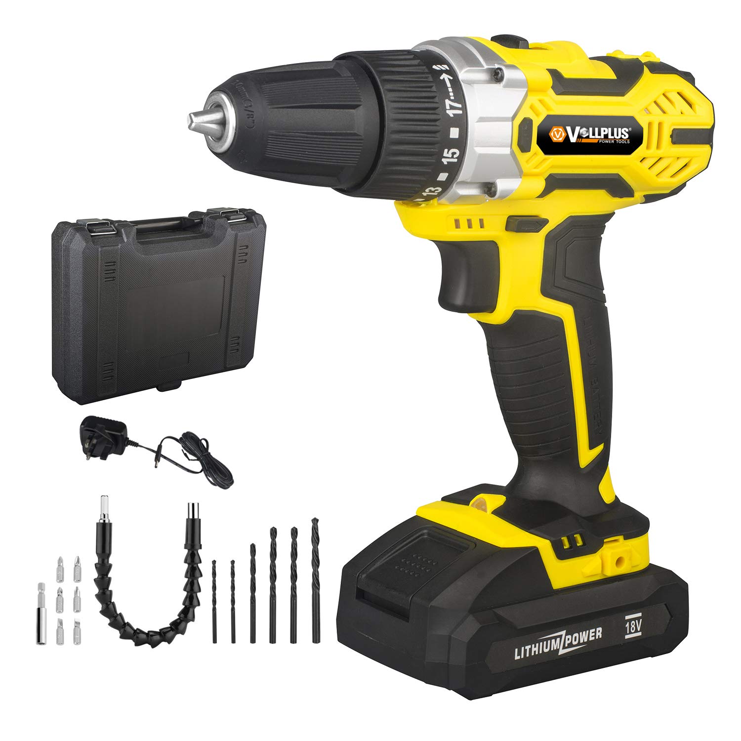 Vollplus 18V Lithium-ion Cordless Drill with Kit Box YELLOW Drill Drivers for DIY VPCD2121Y