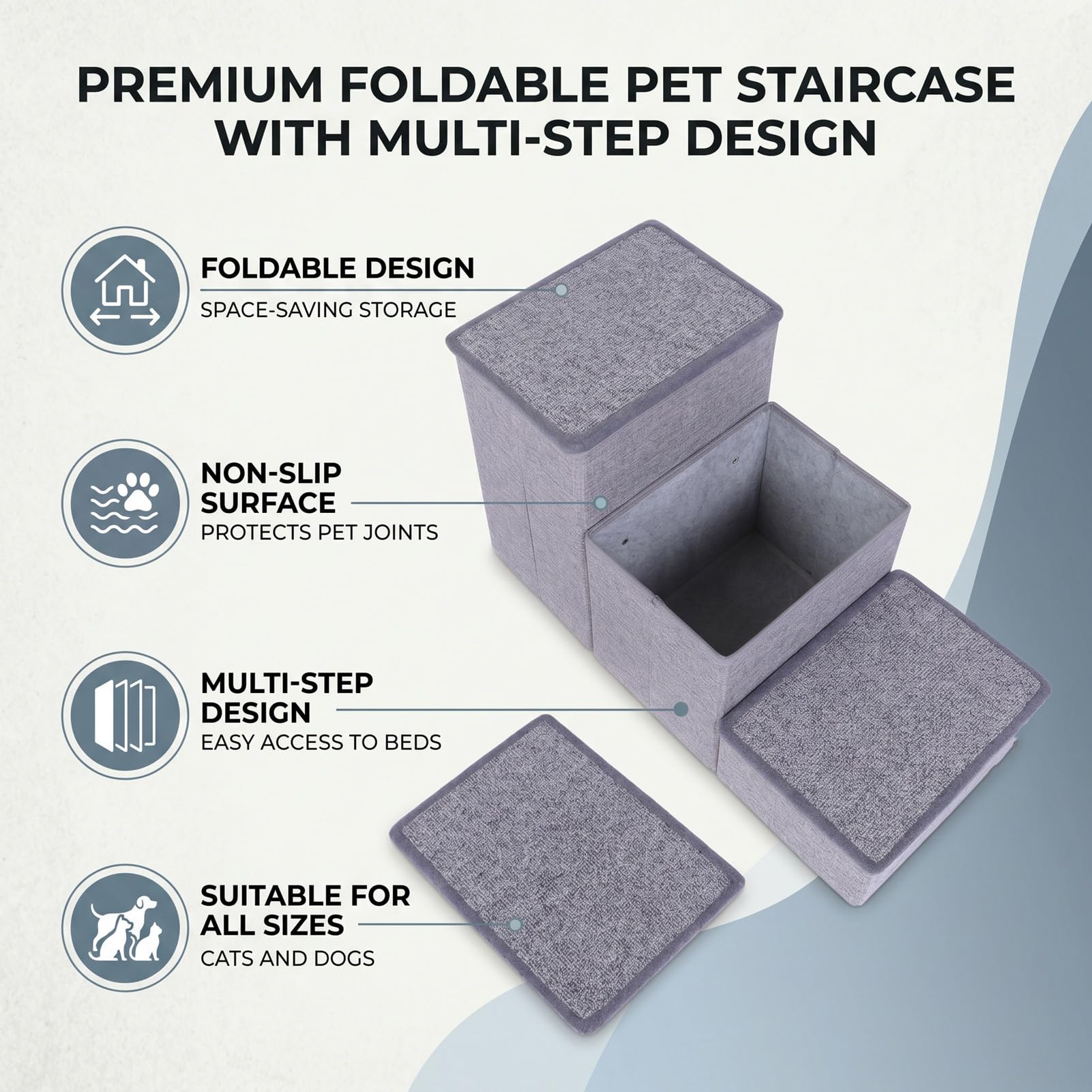 Scale per Cani 3 Gradini Pieghevoli Antiscivolo Grigio per Cani | Scaletta per Animali Domestici, Tessuto in Poliestere, Telaio Solido, Superficie Antiscivolo, Accesso a Letto e Divano, per