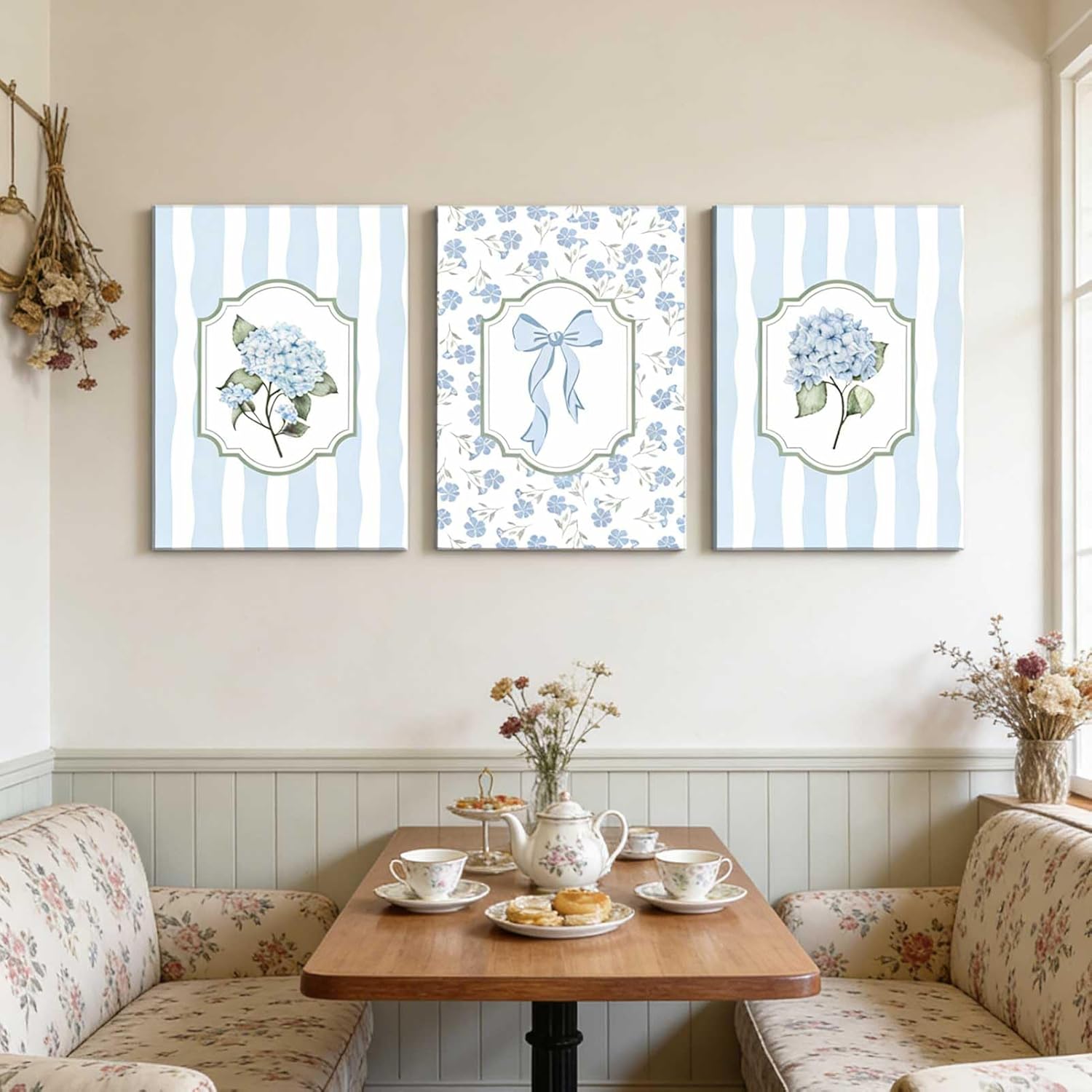 3Pcs Blue Hydrangea Canvas Wall Art Trendy Light Blue Striped Watercolor Bow Coquette Pictures Wall Decor Coastal Flower Botanical Aesthetic Posters Prints for Girls Bedroom Dorm Apartment 12x16in