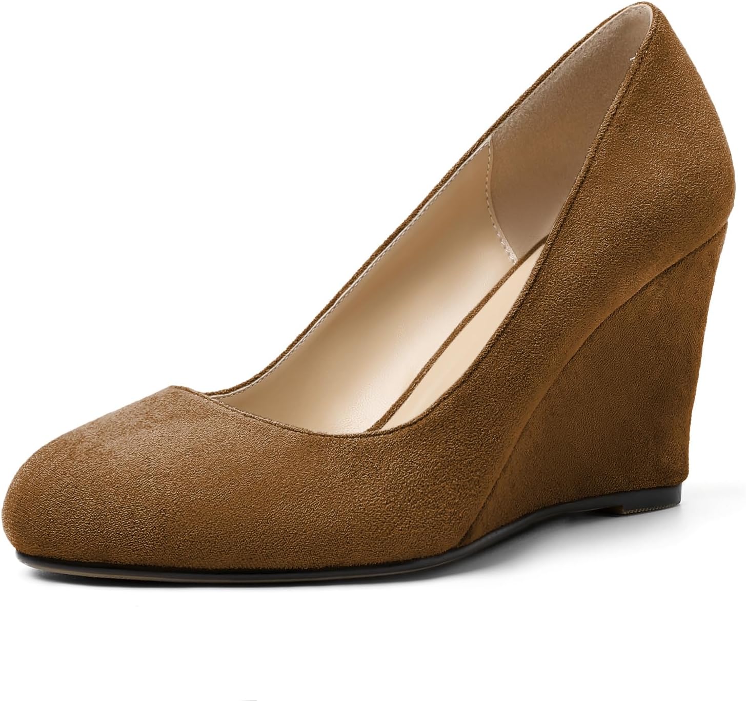 AUMOTED Women's Wedges Heel Pumps Solid Solid Closed Round Toe Wedge Pumps Slip On 3.5 Inch Wedge Suede Heels for Dress Working Evening
