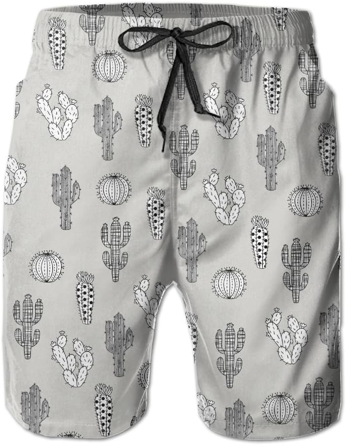 AW Men's Lightweight Quick Dry Beach Shorts Black And White Cactus Swim Trunks