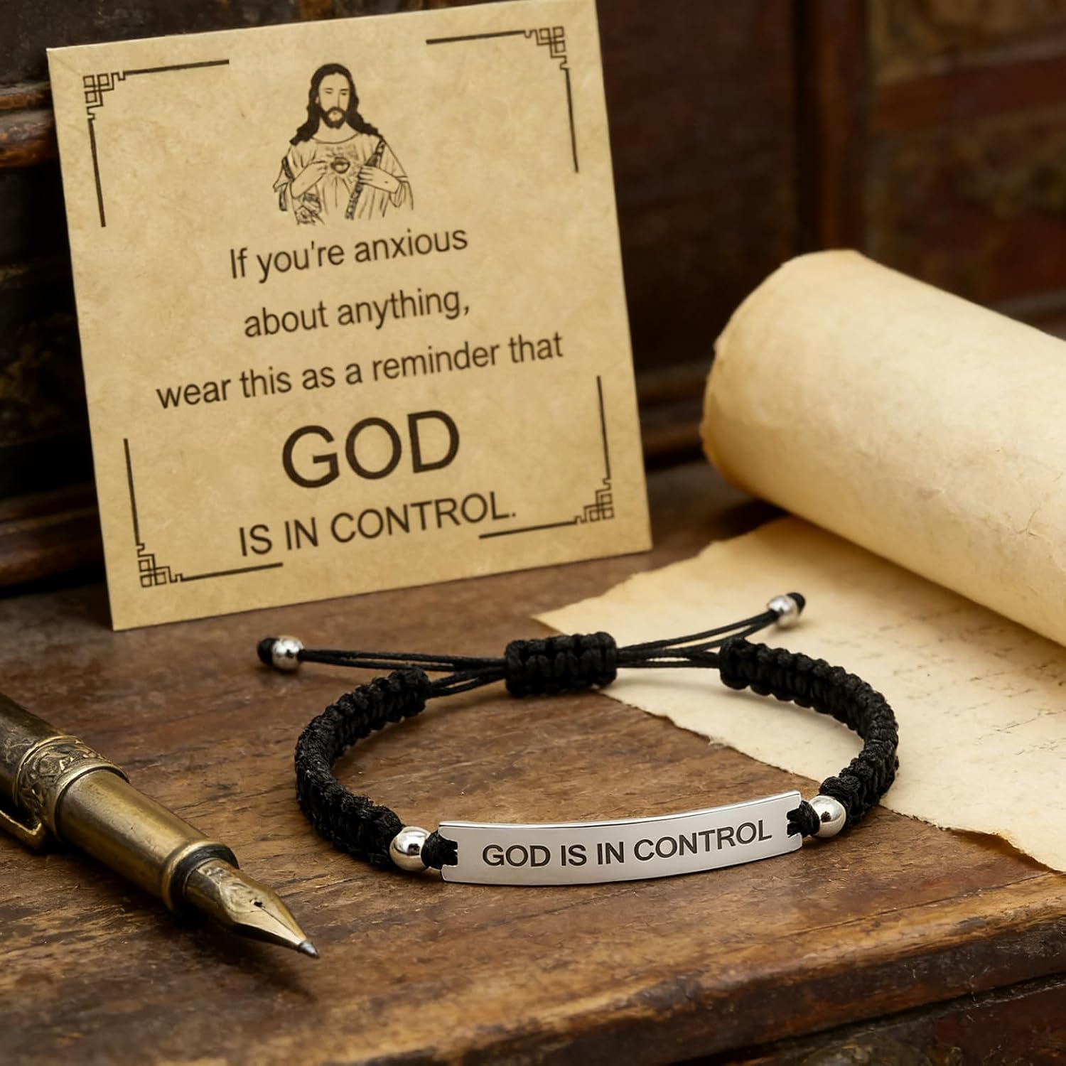 God Is In Control Beaded Bracelet For Women, Inspirational Christian Faith Adjustable Handmade Braided Wrap Stainless Steel Engraved Words Motivational Friendship Gifts Jewelry