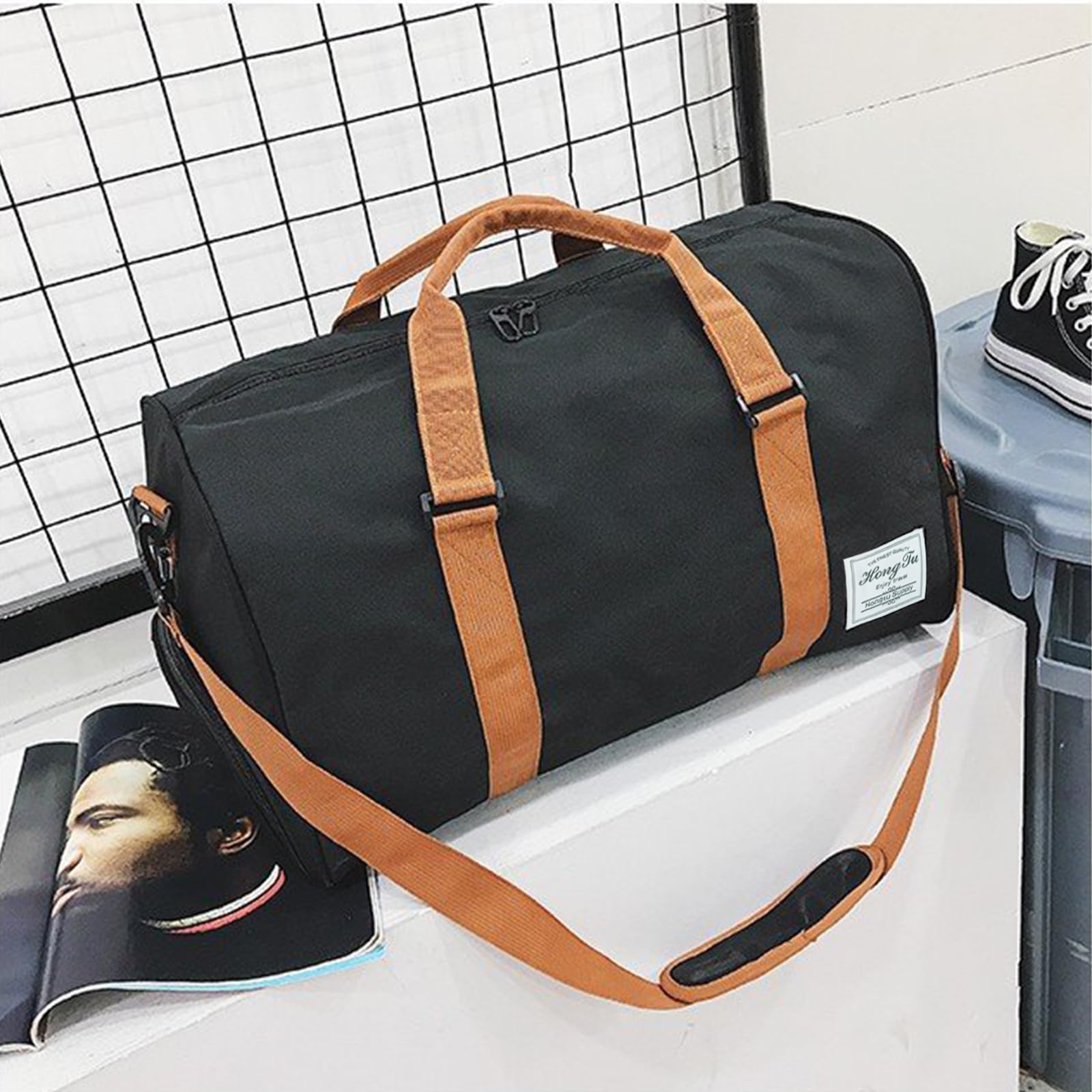 CORIOS Oxford Sac de Voyage Hommes/Femmes - Grande Capacité Weekend à Bandoulière avec Compartiment à Chaussures pour Sport, Fitness, Gym, Travail, Camping - Noir