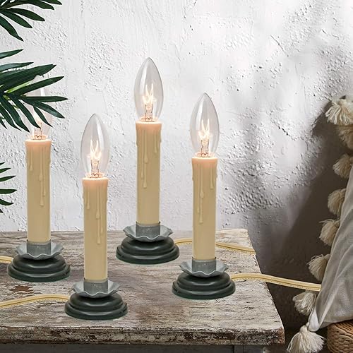Paquete de 4 velas eléctricas para ventana, lámpara eléctrica de 5 pulgadas con base de hierro de ciruela de madera negra, bombilla C26 de 7 W,