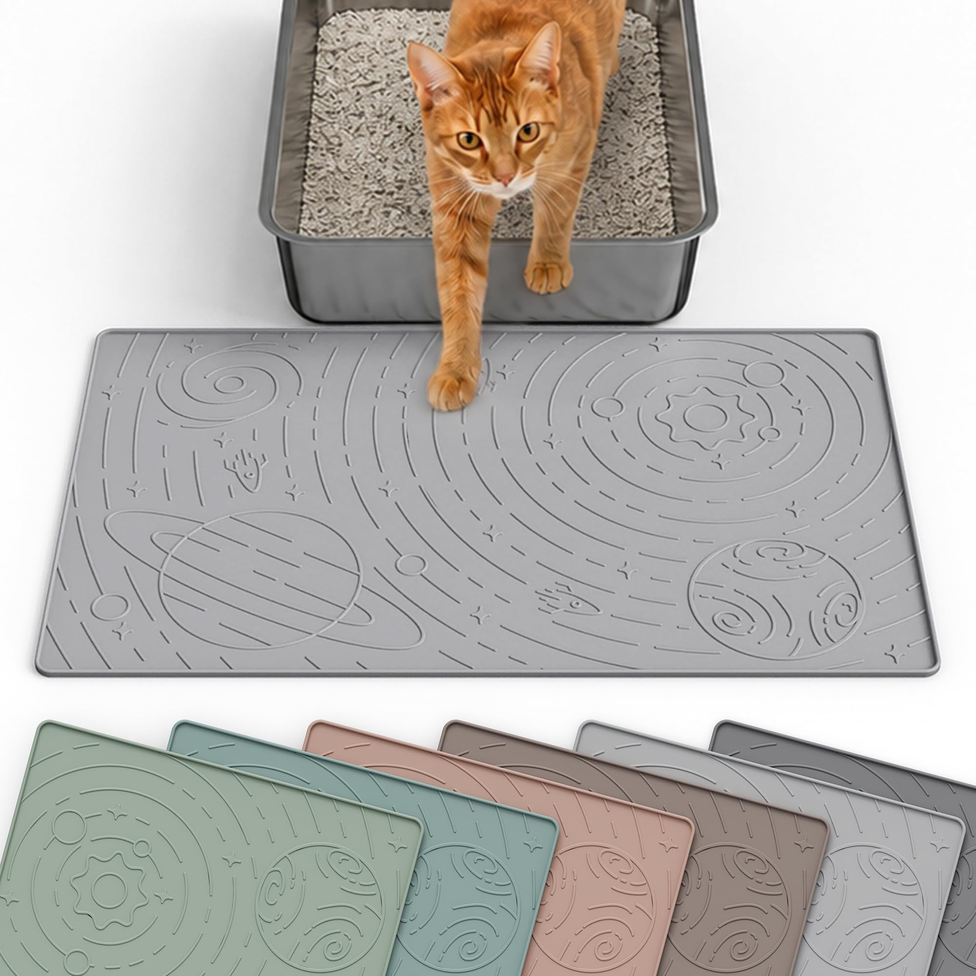 OHMO Cat Litter Mat Trapping Mat Premium Silicone Small 48x30cm, Star Pattern Waterproof and BPA Free Kitty Litter Tray Box Mat, Easy to Clean and Keeps the Floor Tidy, Light Grey