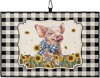 OComster Farm Pig Sunflower Burlap Textured Golf Towel with Carabiner Clip, Retro Black Buffalo Plaid Microfiber Waffle Pattern Golf Towel, Golf Accessories for Cleaning Clubs and Balls, 24x16 in