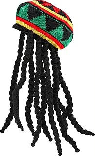 Rasta Hat with Black Wig Dreadlocks, Slouchy Cap Beanie Hippie Tam, Jamaica Knit Hat, Unisex Costume, Size 17.3 inch