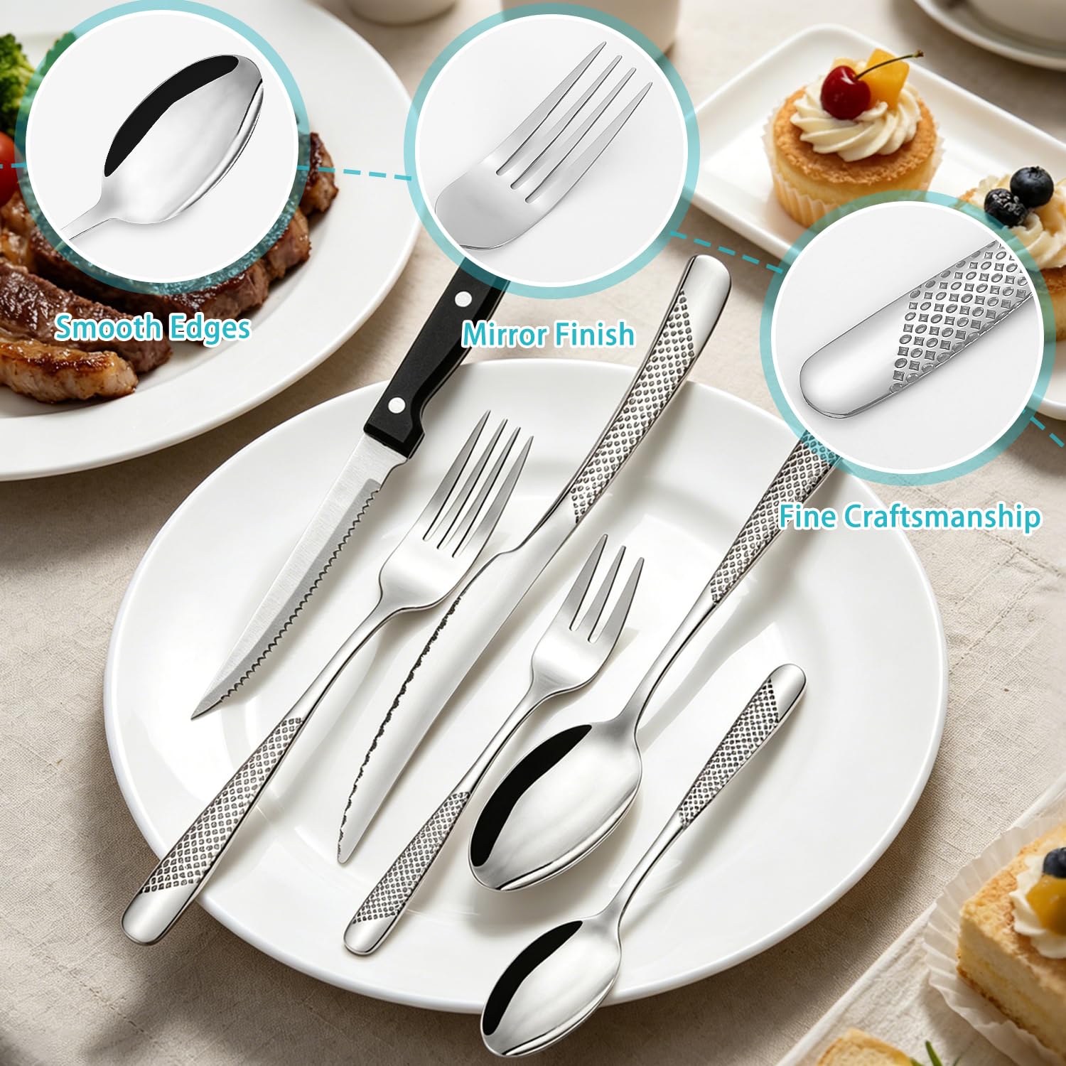 Set Posate Acciaio Inox 36 Pezzi per 6 Persone, 6 Forchette, 6 Forchette da Dolce, 6 Coltelli, 6 Cucchiai, 6 Cucchiaini e 6 Coltelli da Carne, Lavabile in Lavastoviglie