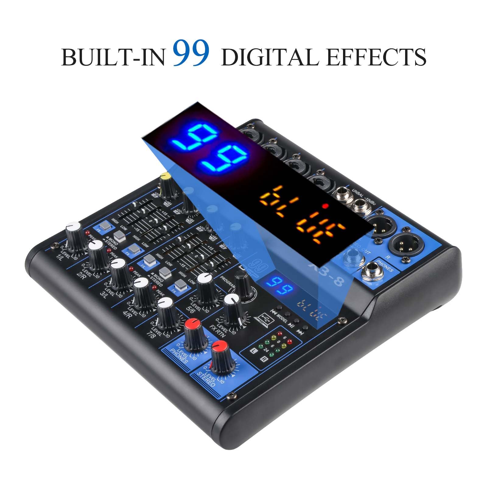 Mixer Audio Professionale Soundboard Interfaccia Sistema Audio 8 Canali USB Bluetooth MP3 Ingresso 48 V Alimentazione Phantom Stereo DJ Studio Streaming FX 99 Bit DSP