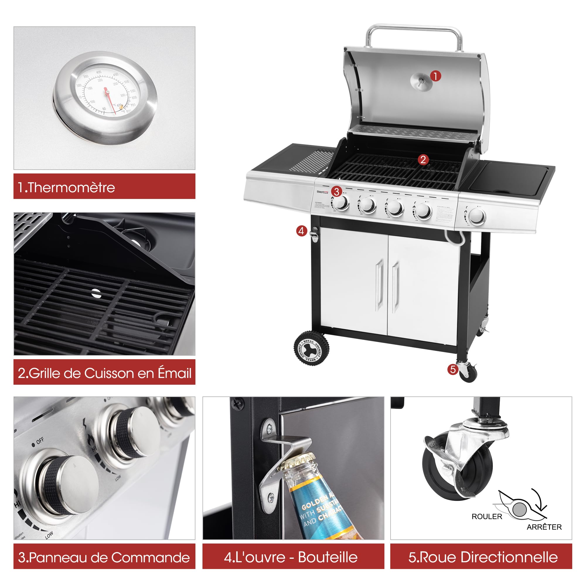 Royal Gourmet Barbecue Gaz 4+1 Brûleurs Acier Inoxydable 14,5kW Gril avec Tablettes Thermomètre 2 Roues Directionnelles 2 Portes