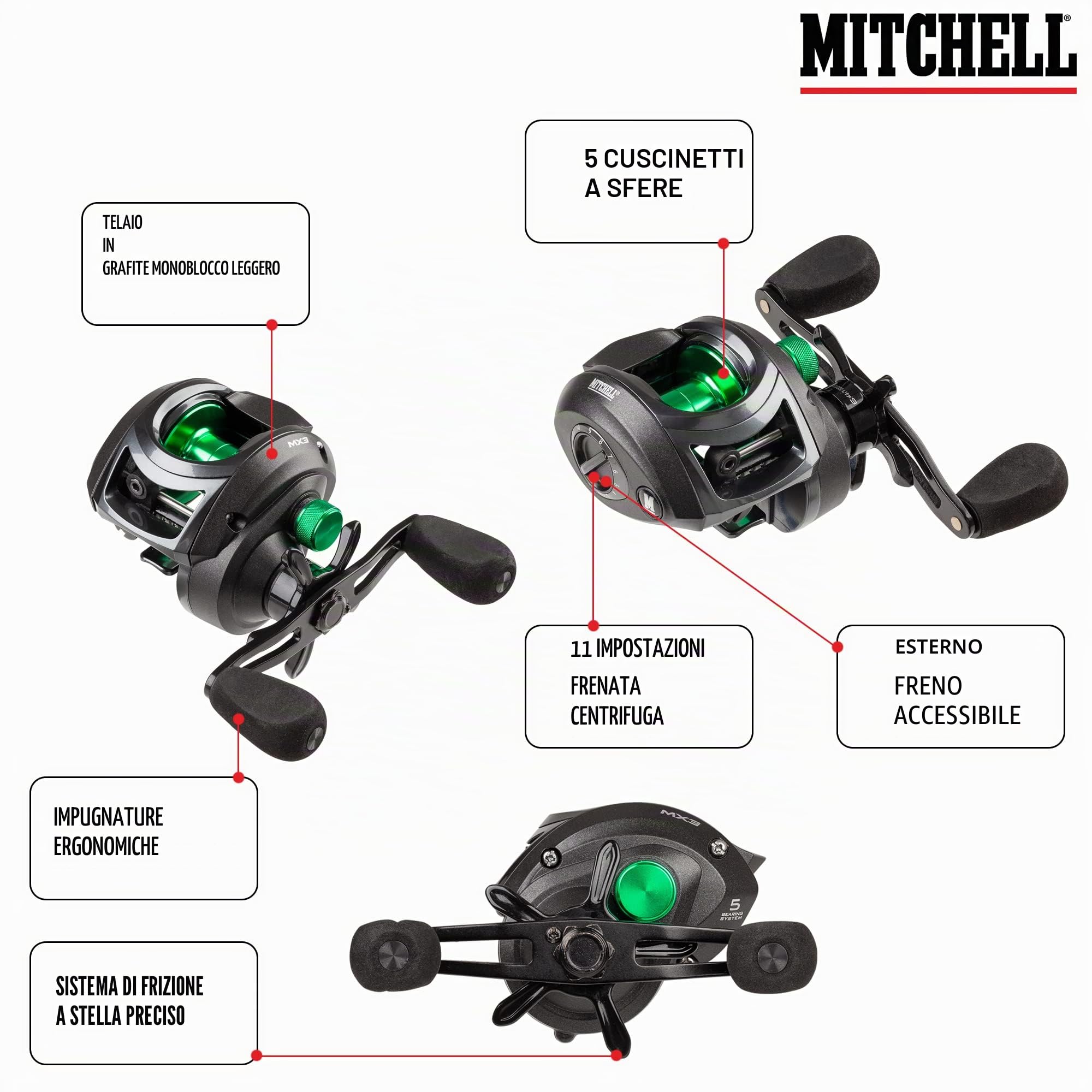 Mitchell MX3 - Mulinello da pesca Baitcaster, resistenti, super lisci, con sistema di frenatura centrifuga e 4 + 1 cuscinetti a sfera anticorrosione per la pesca di luccio, pesce persico, luccioperca,