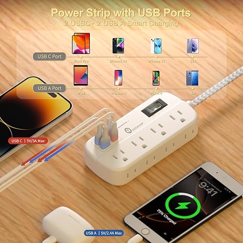 Miniatura 7 de Overtop Protector de sobretensión, 8 tomacorrientes, 4 puertos USB (2 puertos USB C), extensor de toma de pared de múltiples enchufes, cable de