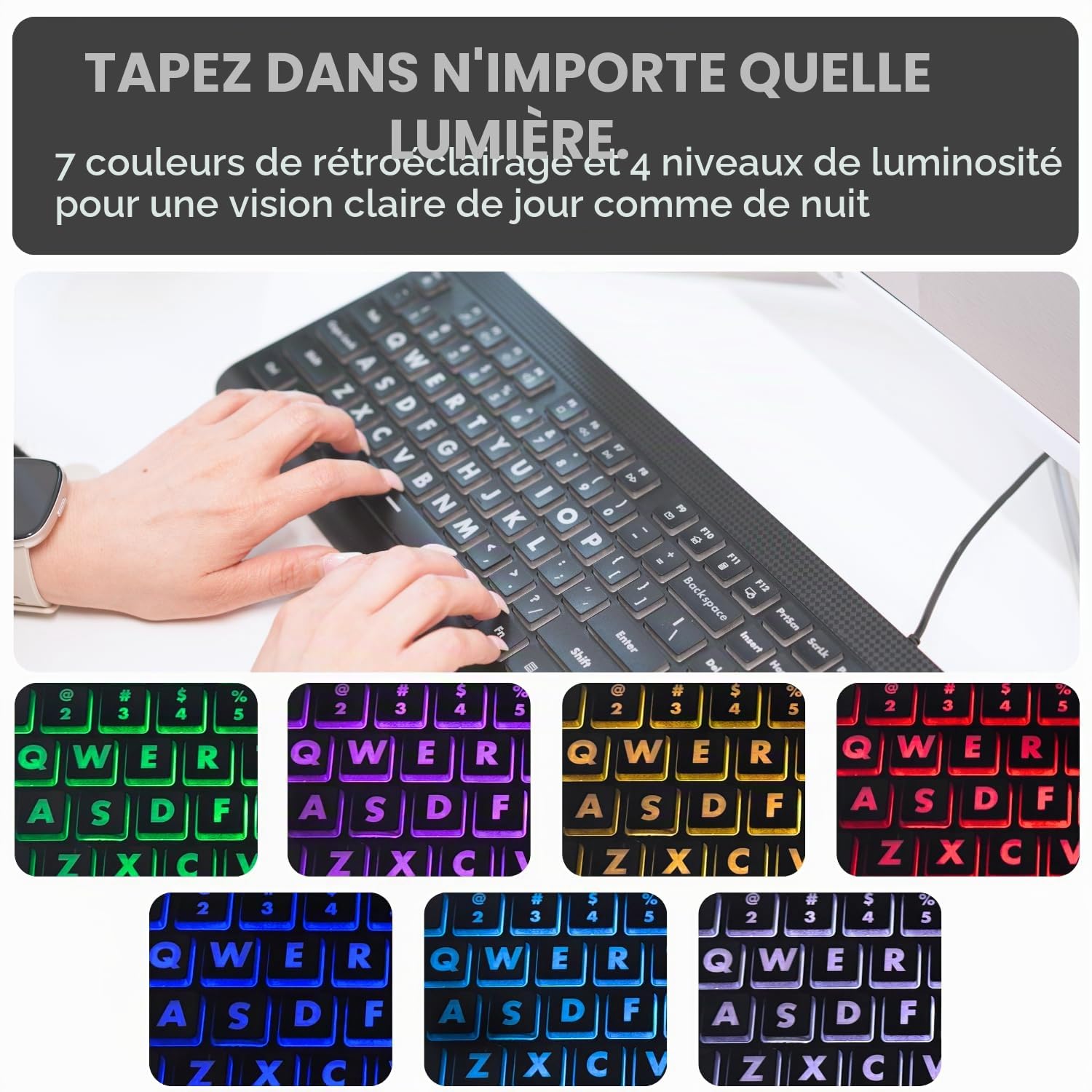 X9 Performance Clavier rétroéclairé à Grande Impression – Lettres surdimensionnées faciles à Voir – Filaire USB, Disposition complète de 107 Touches, 7 LED de Couleur – Clavier à Grandes Lettres pour