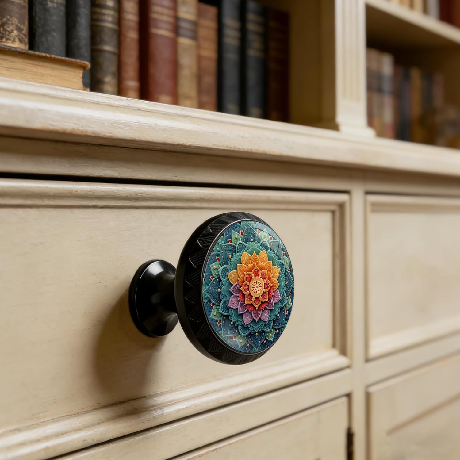 Yiruhe 4 Pack Colorful Mandala Design Kitchen Cabinet Knobs Acrylic Round Drawer Pulls for Dresser Cupboard Door Handles
