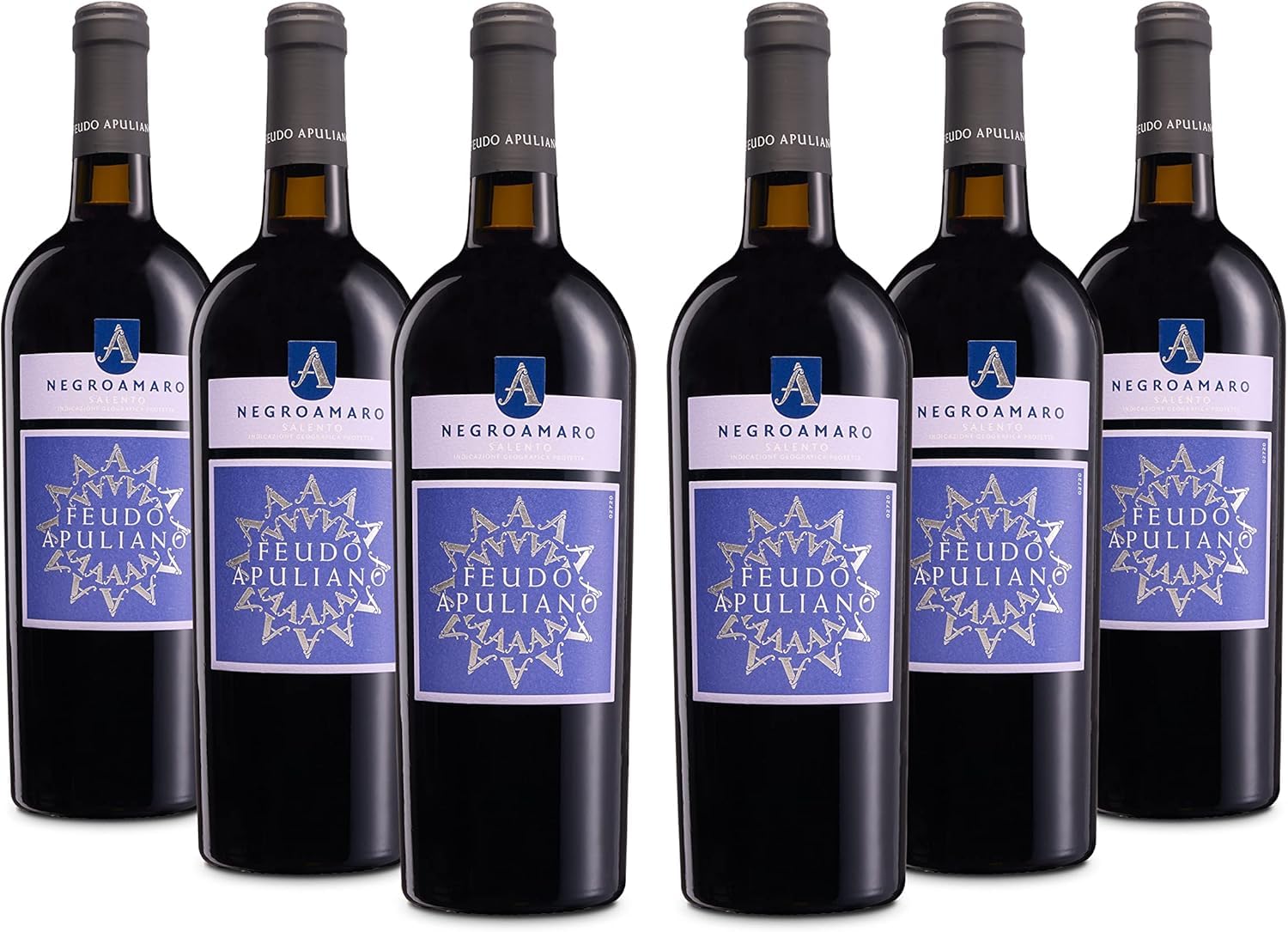 Feudo Apuliano Negroamaro Salento IGP, Rotwein mit Abgerundetem und Vollem Geschmack, und Intensivem und Komplexem Bouquet, 14,5 % Vol., Karton mit 6 Flaschen mit jeweils 750 ml