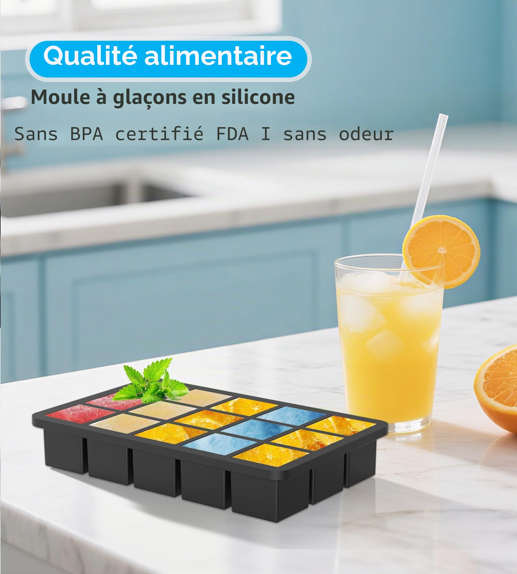 Ankway Lot de 3 Bac à Glaçons Silicone avec Couvercle, 45x3.5cm, Sans BPA, Faciles à Retirer, Noir