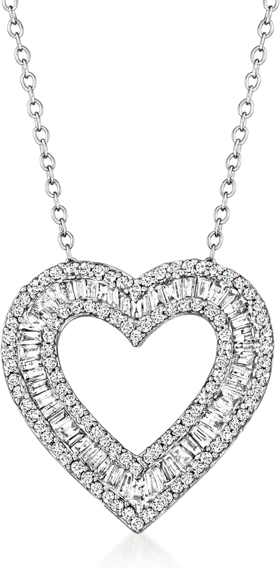 Ross-Simons 1.00 ct. t.w. Baguette and Round Diamond Heart Pendant Necklace in Sterling Silver