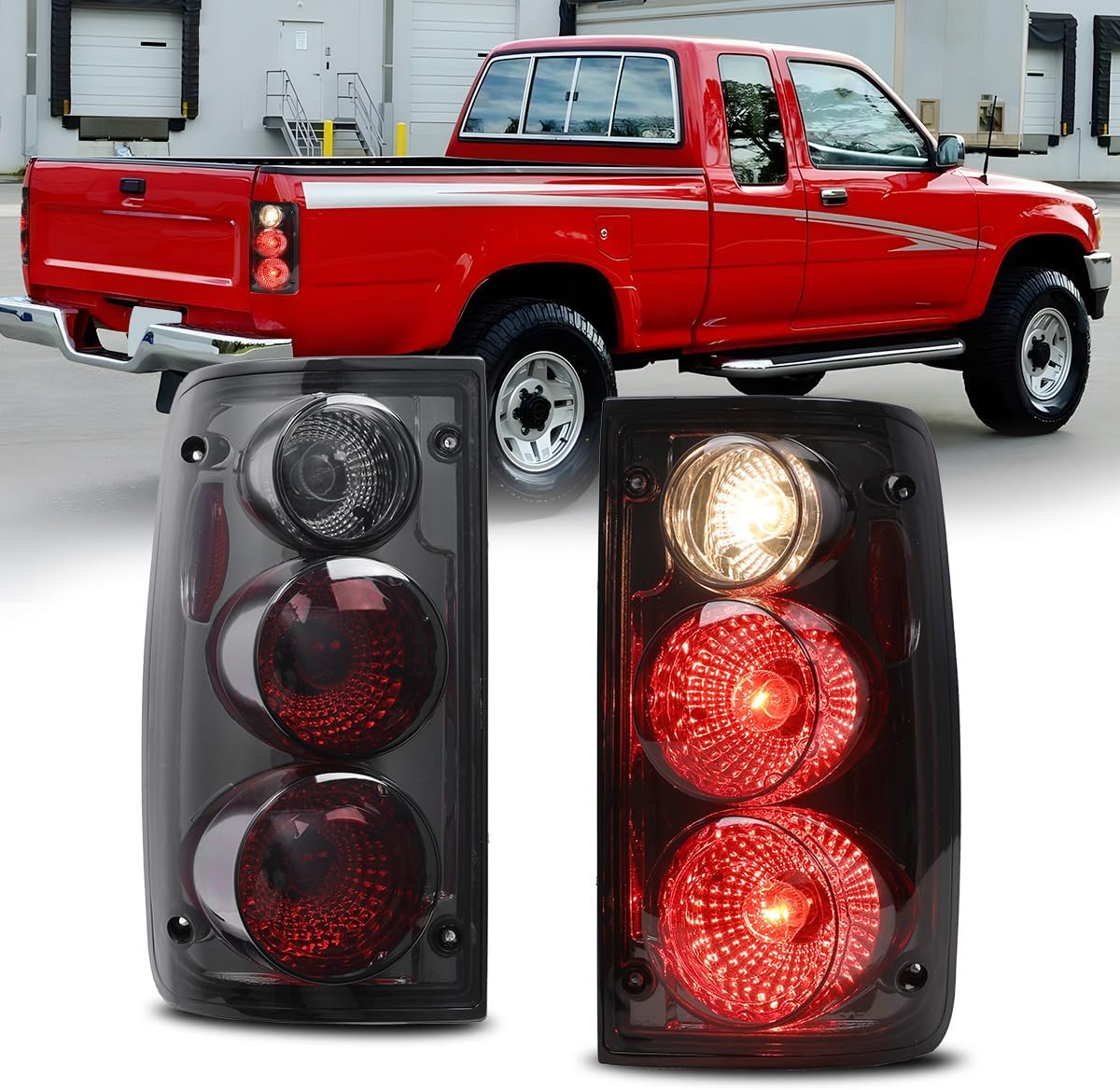 CPW OEM Tail Lights Assembly Compatible with 1989-1995 Toyota Pickup, Functional Rear Brake Lamp Taillights Replacement Super Brightness 1 Pair Left+Right (Chrome Housing Smoked Lens)