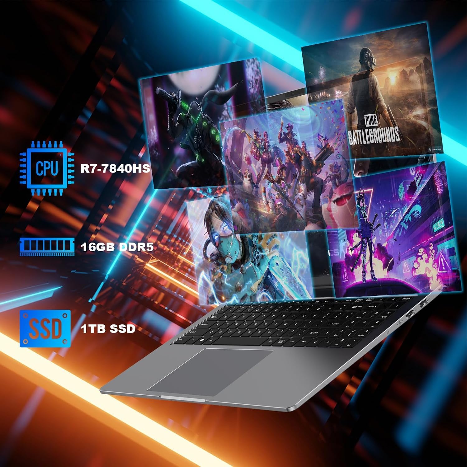 Notebook PC portatile 16GB RAM DDR5 1TB SSD 16 Pollici 2.5K Laptop 165Hz AMD Ryzen 7840HS Processore (UP to 5.1Ghz) Gamer Computer con WiFi6 Bluetooth 5.2 USB 3.1 PD3.0(film della tastiera incluso)